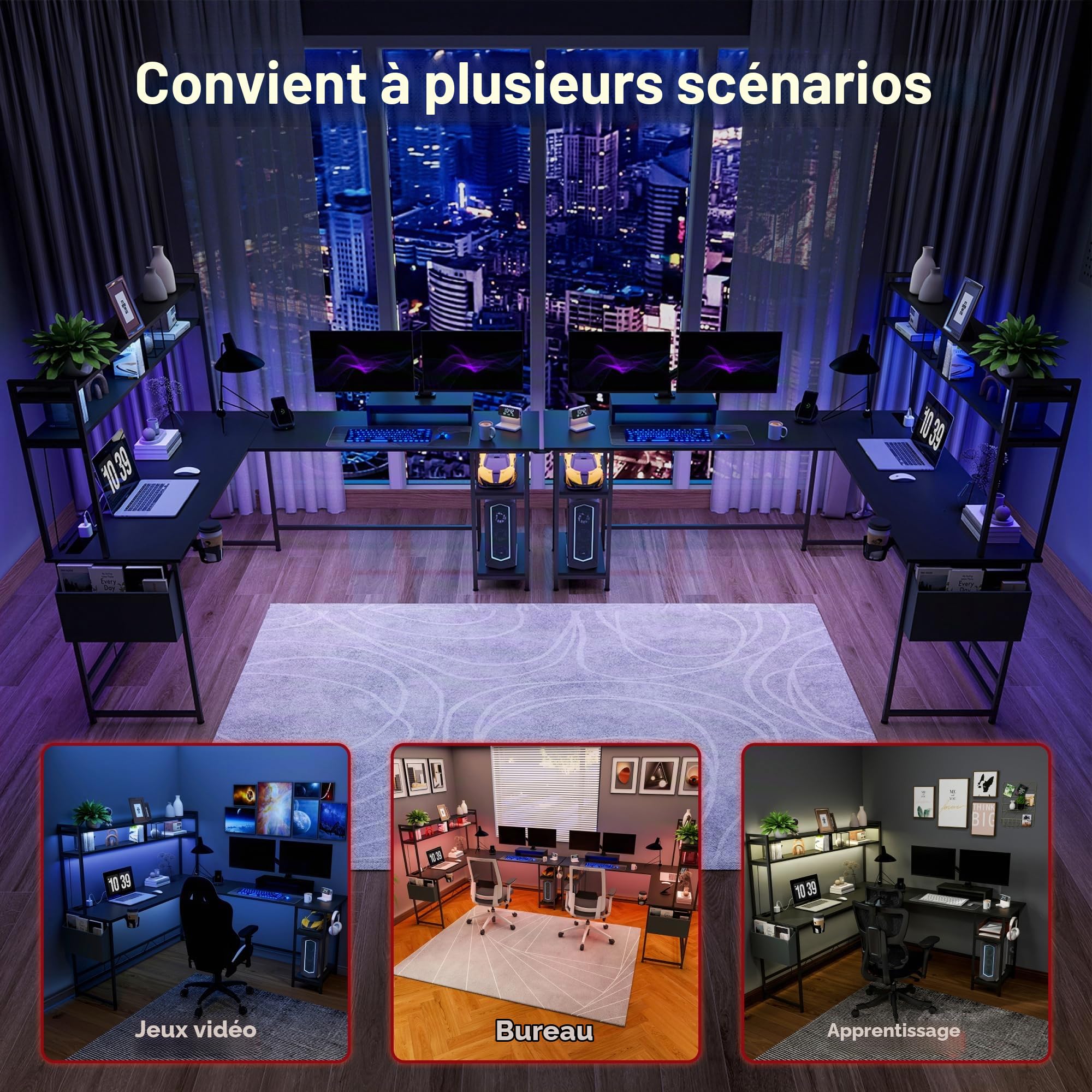 SANODESK LED Bureau Gaming 120 * 140cm, Bureau d'angle avec Rangement, 2 Chargeur USB, 2 Prises, Bureau Informatique PC en Forme L avec Support de Moniteur pour Jouer et Travailler, Noir