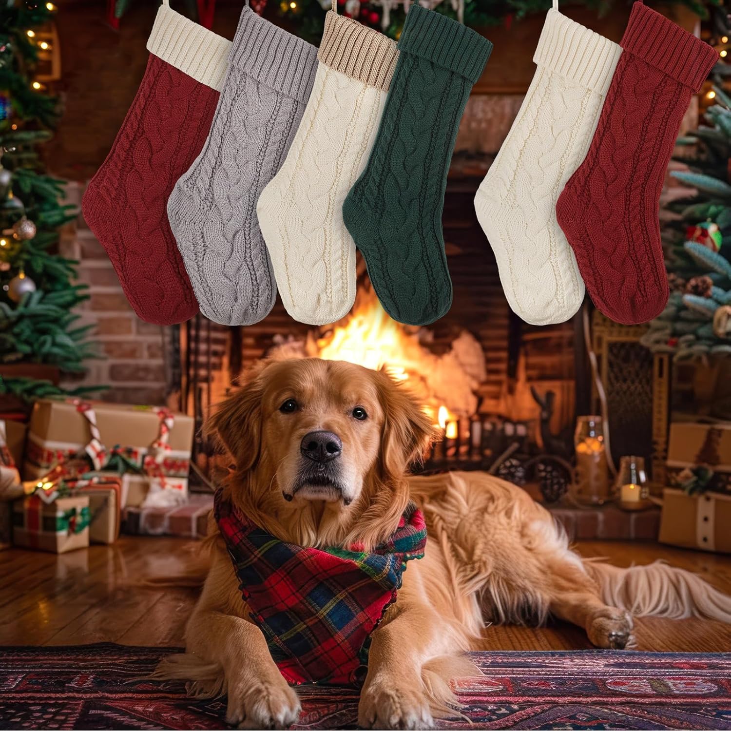 Knitted Christmas Stockings 6 Pack 18 Inches Large Christmas Stocking, Cable Knitted Xmas Stocking, Hanging Stocking Decorations for Holiday Christmas Party Family Decor (Red White Green) B4