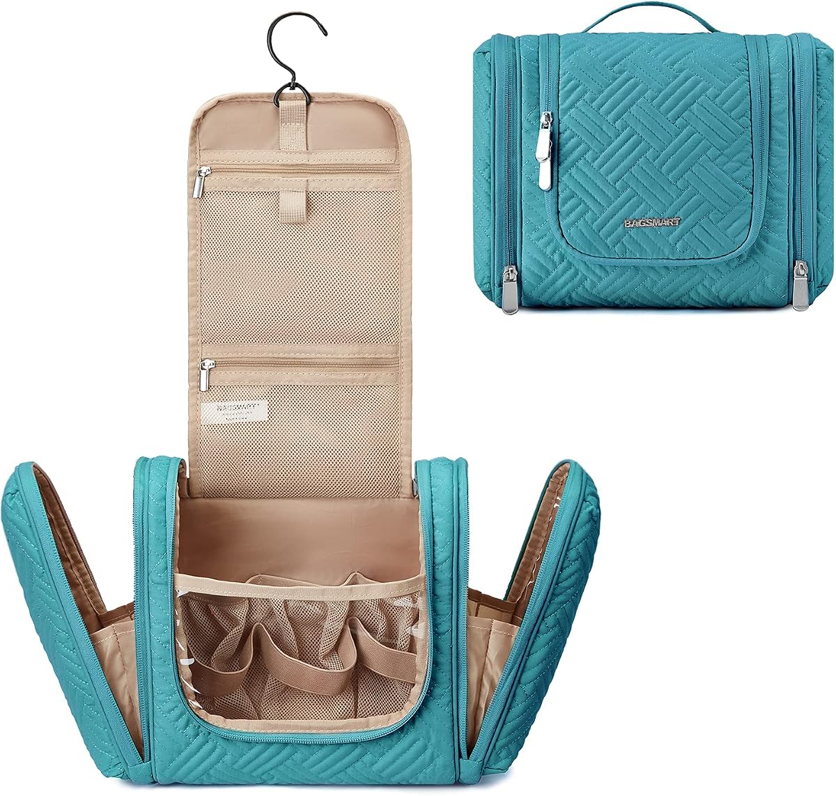 BAGSMART Neceser colgante para mujer con gancho para colgar, mediano, azul | Bolsa de maquillaje para cosméticos de viaje, kit Dopp resistente al agua, bolsa de afeitar para contenedor de tamaño completo, artículos de tocador, champú