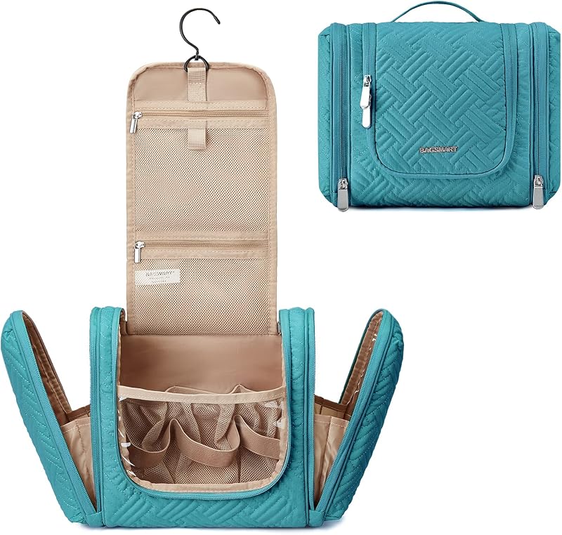 BAGSMART Neceser colgante para mujer con gancho para colgar, mediano, azul | Bolsa de maquillaje para cosméticos de viaje, kit Dopp resistente al agua, bolsa de afeitar para contenedor de tamaño completo, artículos de tocador, champú