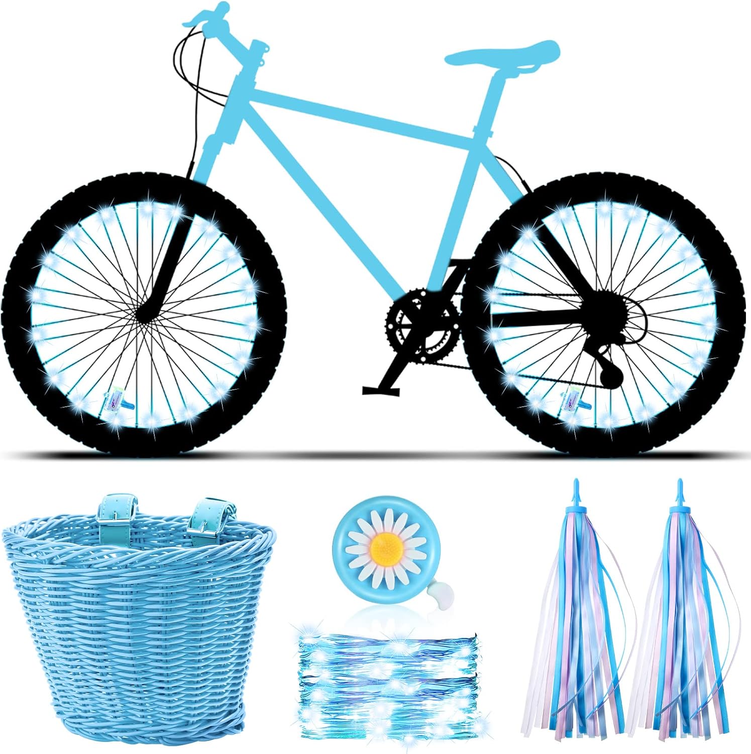 Hestya Kids Bike Basket Set for 12-14 Inch Bikes, Wicker Basket, Handlebar Bicycle for Girls Colorful Streamers Daisy Bell Decoration Girls Bike Accessories Gift for Girl Boy