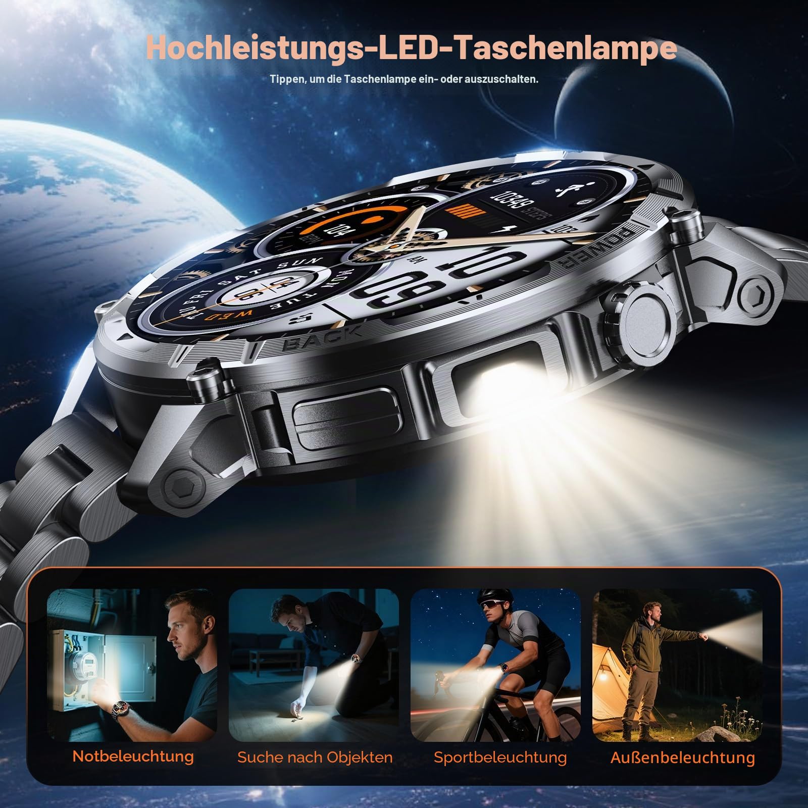 SLOKSFil Militär Smartwatch Herren mit 1000 mAh Akku/LED-Licht, 1.7" HD Touch Display Fitnessuhr mit Telefonfunktion, Pulsmesser SpO2 Schlafmonitor IP68 110+ Sportmodi, für Android iOS (Stahlband)