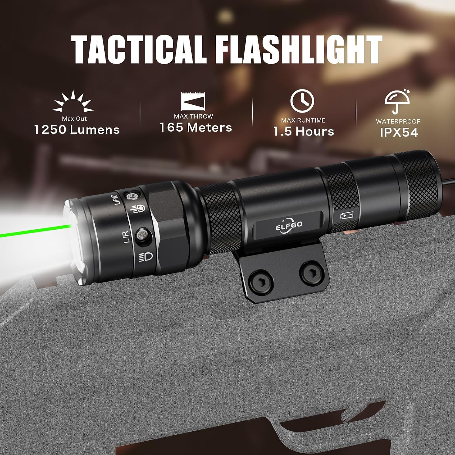 Rifle Flashlight Laser Light Combo, 1250 Lumens Green Laser Sight and Light, Tactical Rail Gun Beam Weapon Flashlight, Remote Pressure Pad, USB C Rechargeable