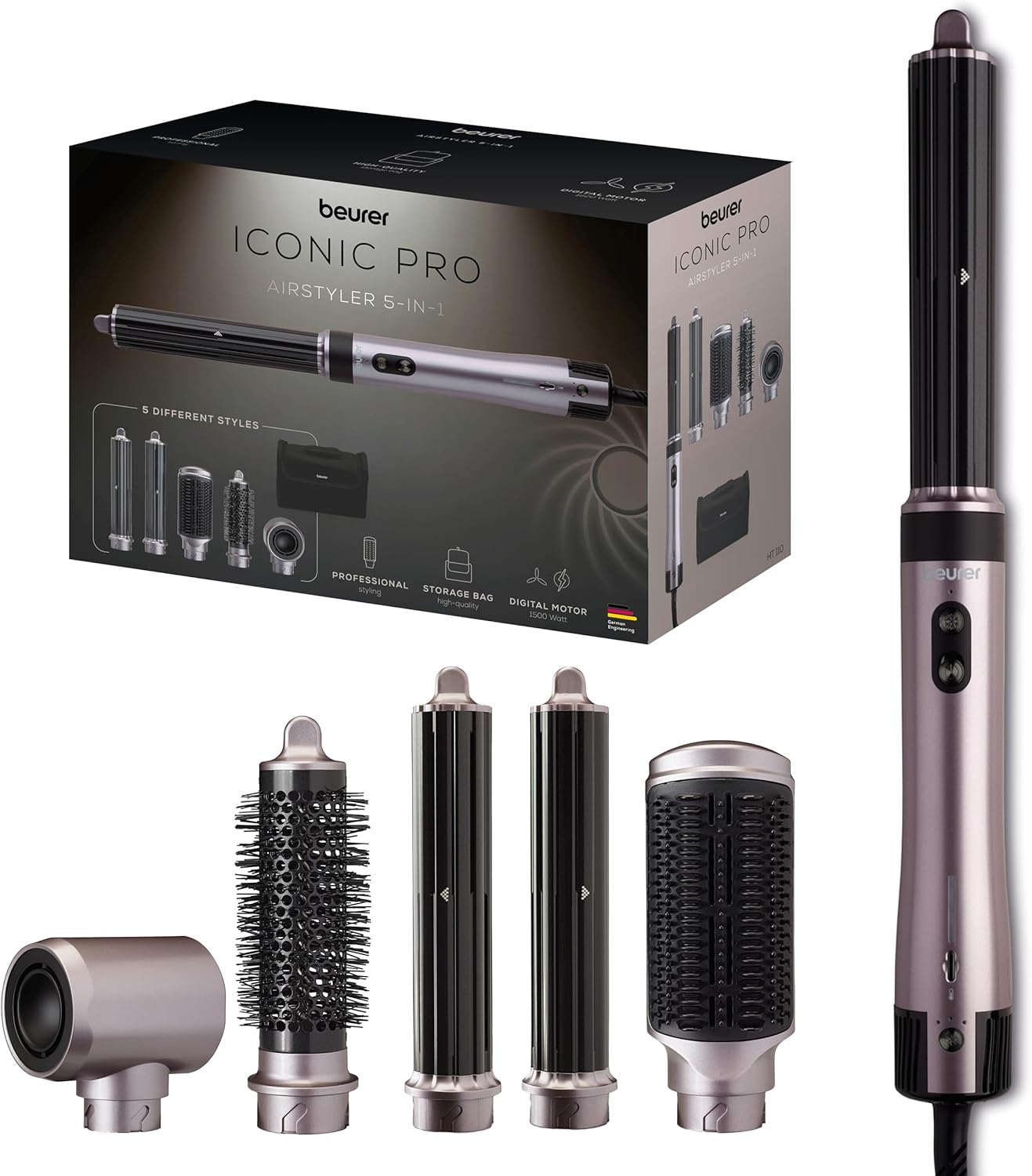 Beurer HT 110 Airstyler 5 in 1, Styler multifunzionale per capelli per boccoli, lisciatura e volume, styling delicato per tutti i tipi di capelli, ceramica-tormalina, tecnologia agli ioni, 5 accessori