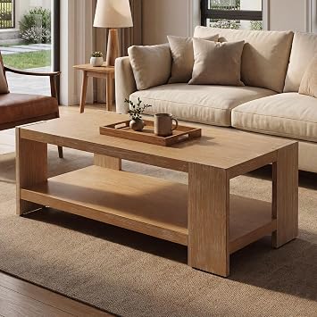 chairus 47 Inch Coffee Table with 2-Tier Storage, Farmhouse Rectangular Center Table with Solid Pine Wood Legs for Lounge/Apartment/Office, Natural