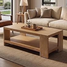 chairus 47 Inch Coffee Table with 2-Tier Storage, Farmhouse Rectangular Center Table with Solid Pine Wood Legs for Lounge/Apartment/Office, Natural