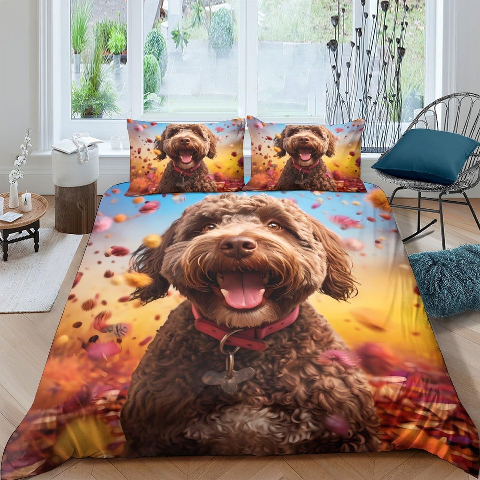 TUFRTGYHN 3D Printed Brown Dog Autumn Leaves Duvet Cover Microfiber Soft Breathable Puppy Quilt Cover Set with 2 Pillowcases for Bedroom Decor Single（135x200cm）