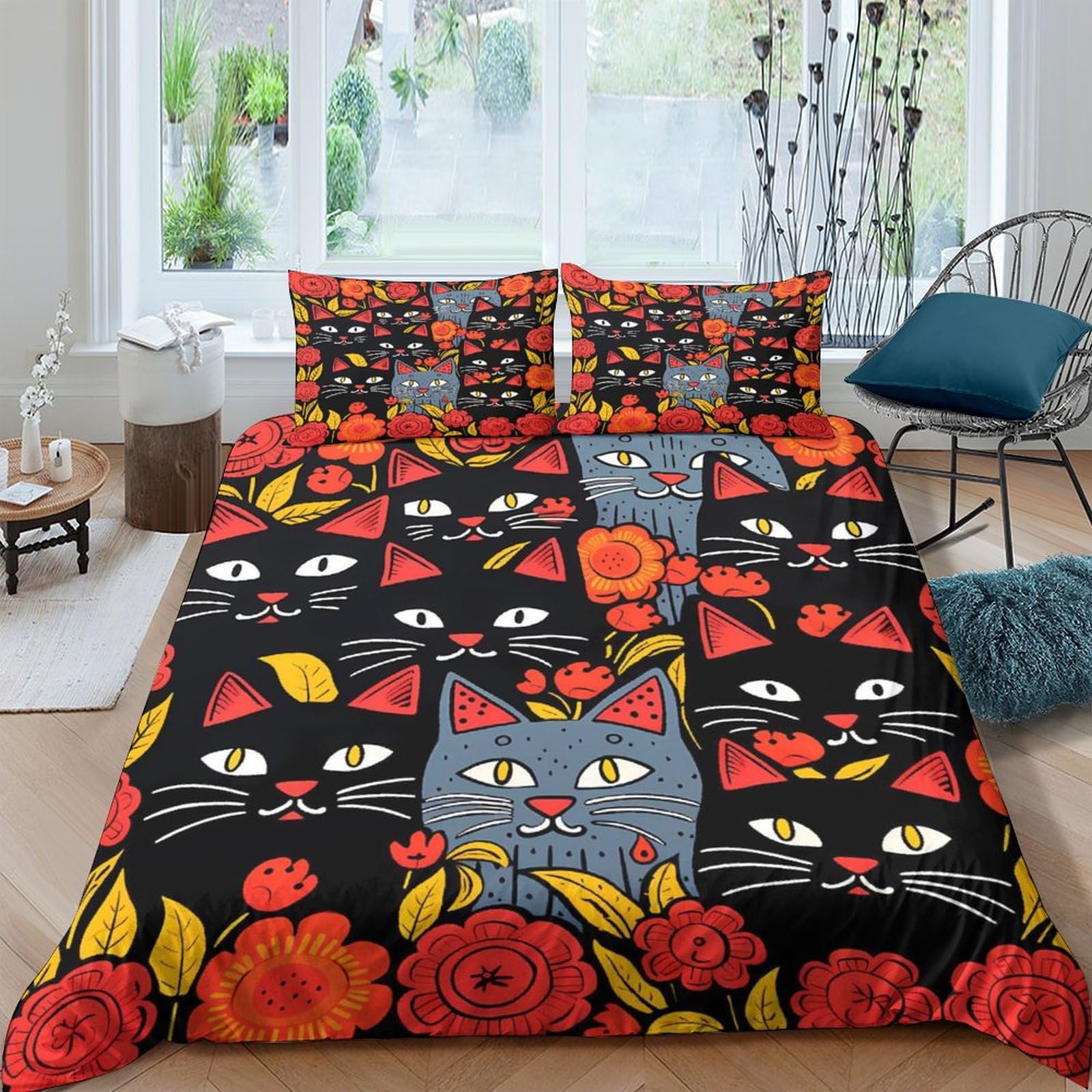 Housse de couette chat fleurs 3D parure poétique pour des nuits douces