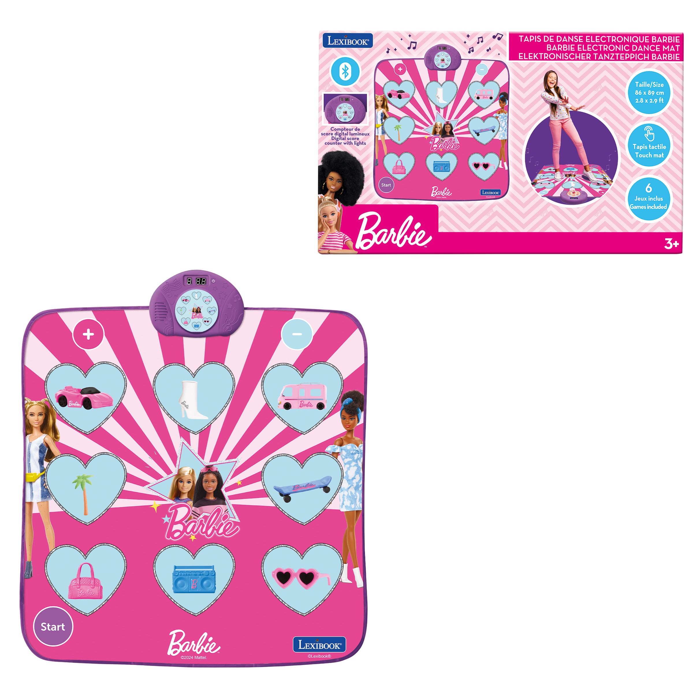 LEXIBOOK, Mattel Barbie, Barbie Electronic Dance Mat, Bluetooth and Light-Up with 6 Game Modes, Pink, DM10BB