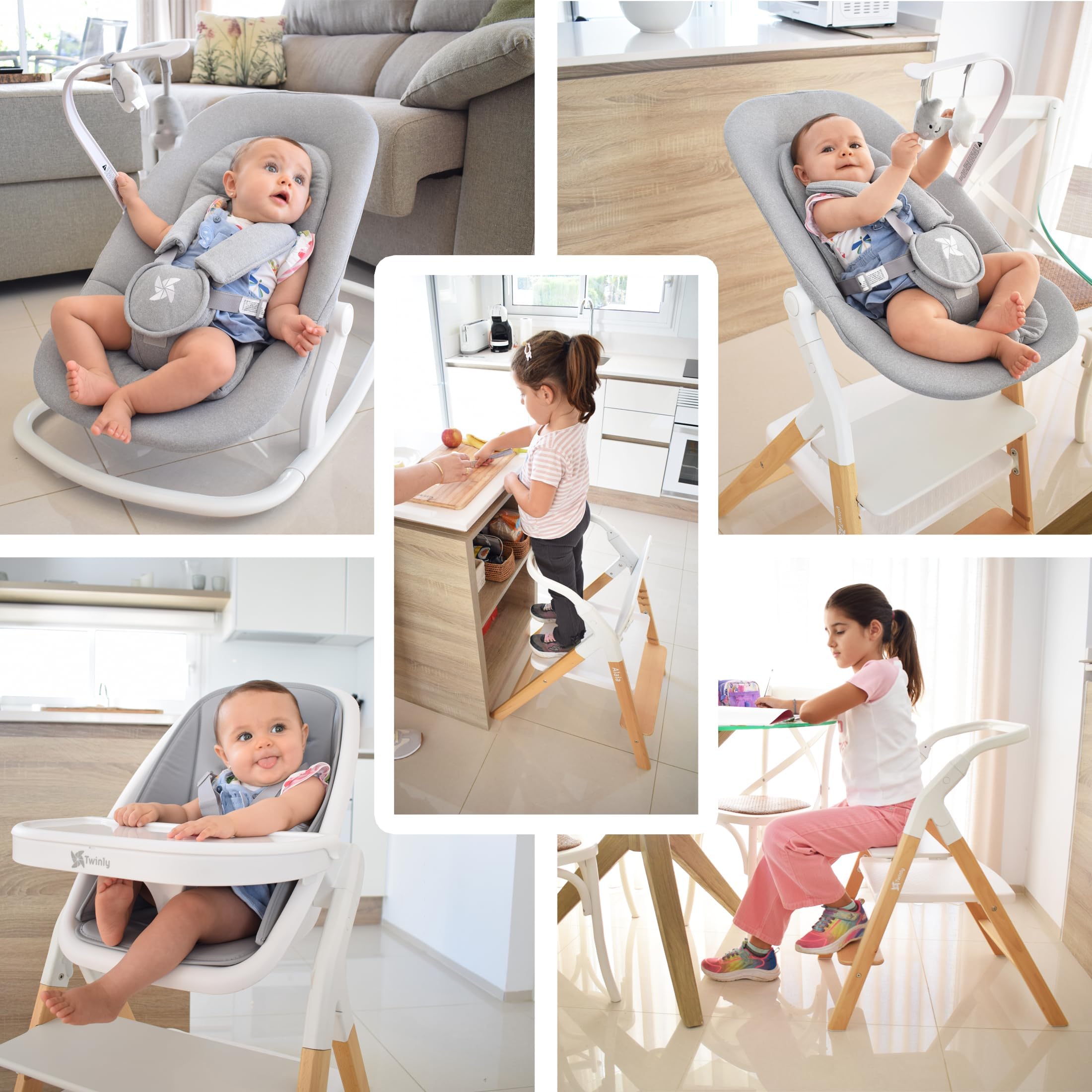 Twinly - Trona Evolutiva Bebé Set con hamaca 5 en 1 Multifunción Alaia: Hamaquita, Torre de Aprendizaje, Silla - desde Nacimiento 0m+ -Plegable y Ergonómica Madera Haya - Arnés con protector