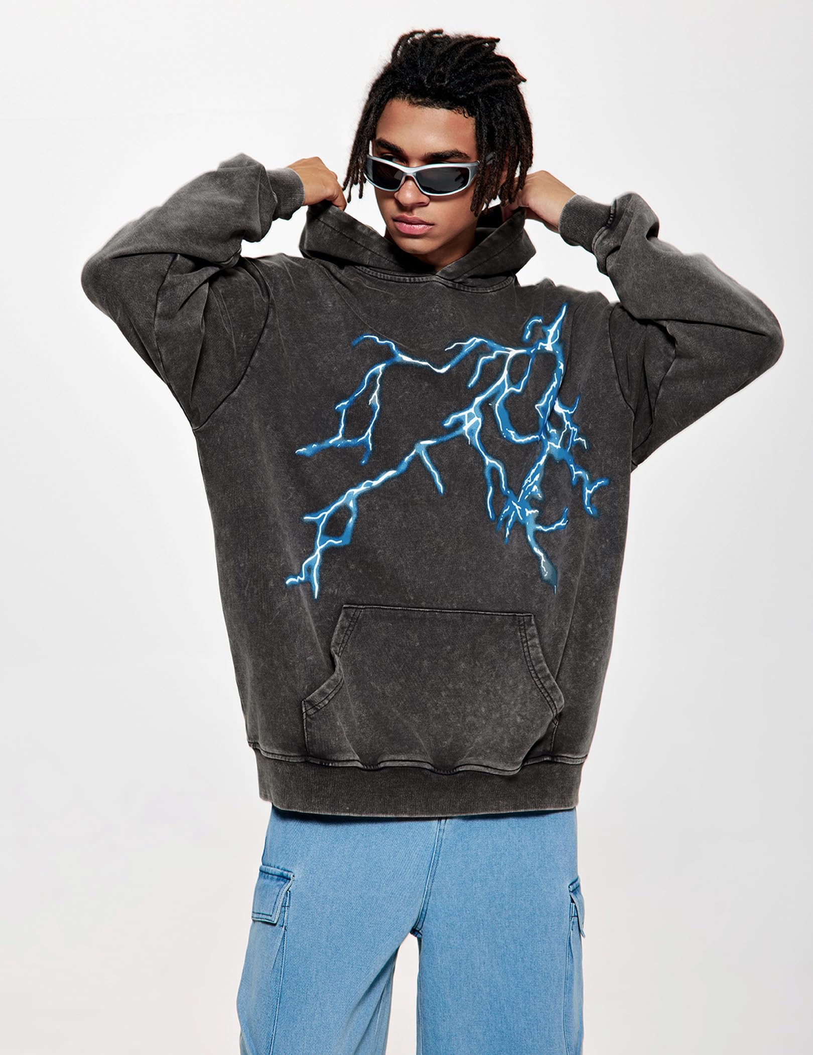 Vamtac Felpa con cappuccio con grafica fulminea da uomo oversize unisex con cappuccio Y2k vintage pullover con cappuccio