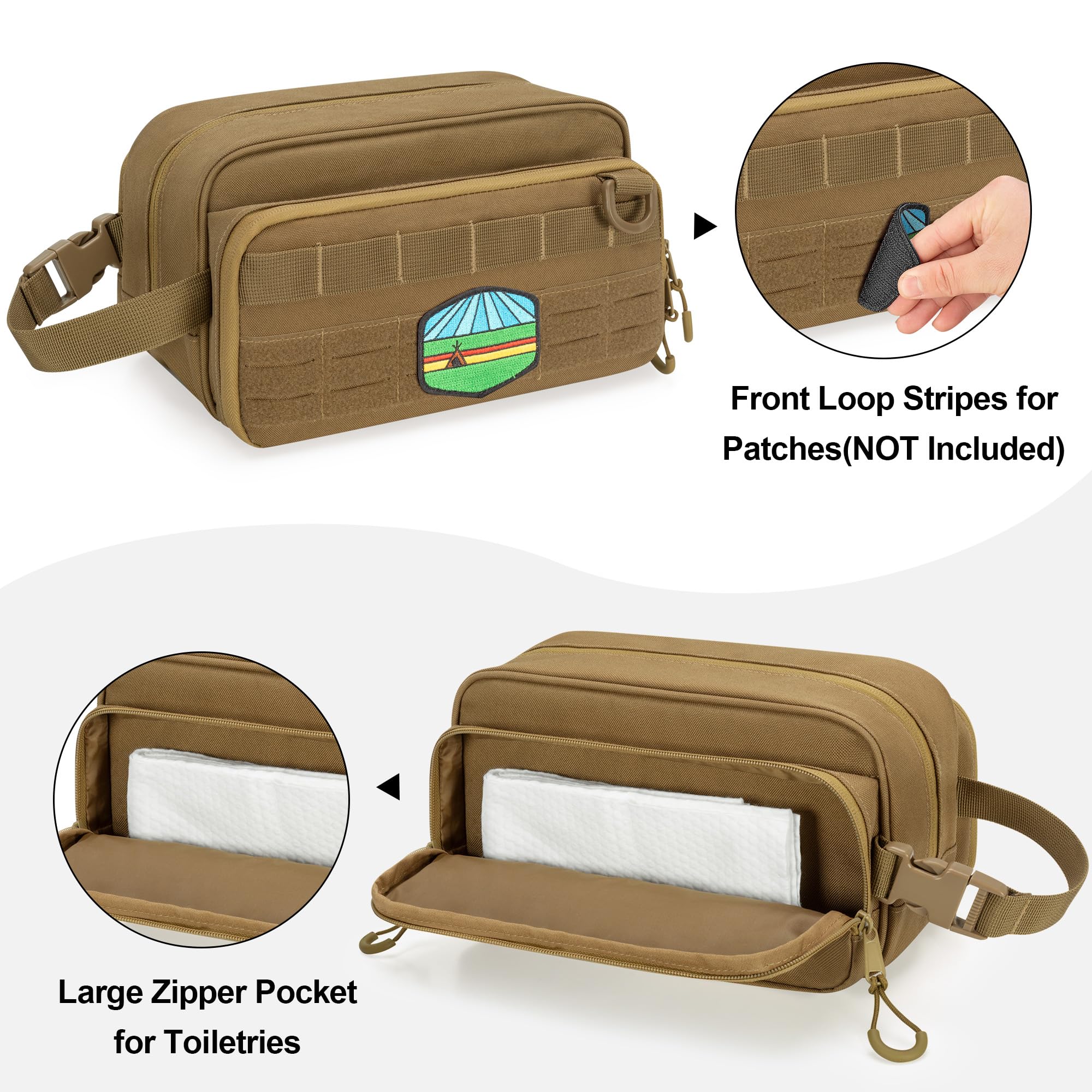 Borsa tattica da viaggio da uomo, kit Dopp per rasatura, organizer per articoli da toeletta, doccia e accessori per la cura della toelettatura (solo borsa vuota, design brevettato), Cachi