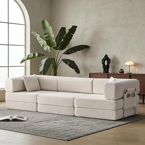 Folding Sofa Bed Convertable Corduroy Couch King Size Floor Sleeper 4-in-1 DIY Combination Modular Sofa Fold Out Futon Lounge Comfy Foldable Lazy cama for Living Room (Off-White)