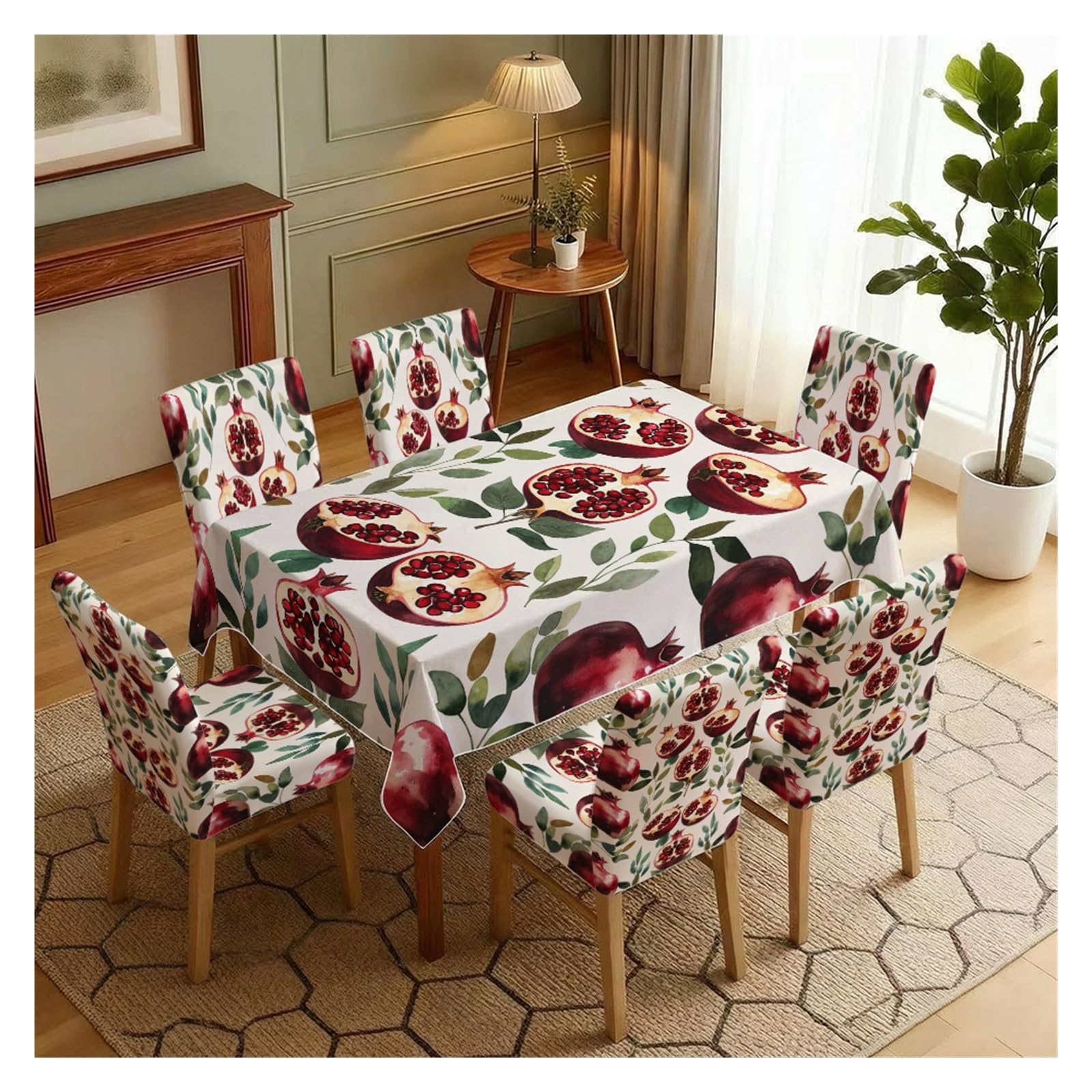 BOSUYBN Watercolor Pomegranate & Green Leaf Print Dining Tablecloth & Chair Covers Set, 5/7 Piece Fresh Fruit Rustic Dining Decor Table Setting(7pcs Set: Tablecloth+Chair Covers)