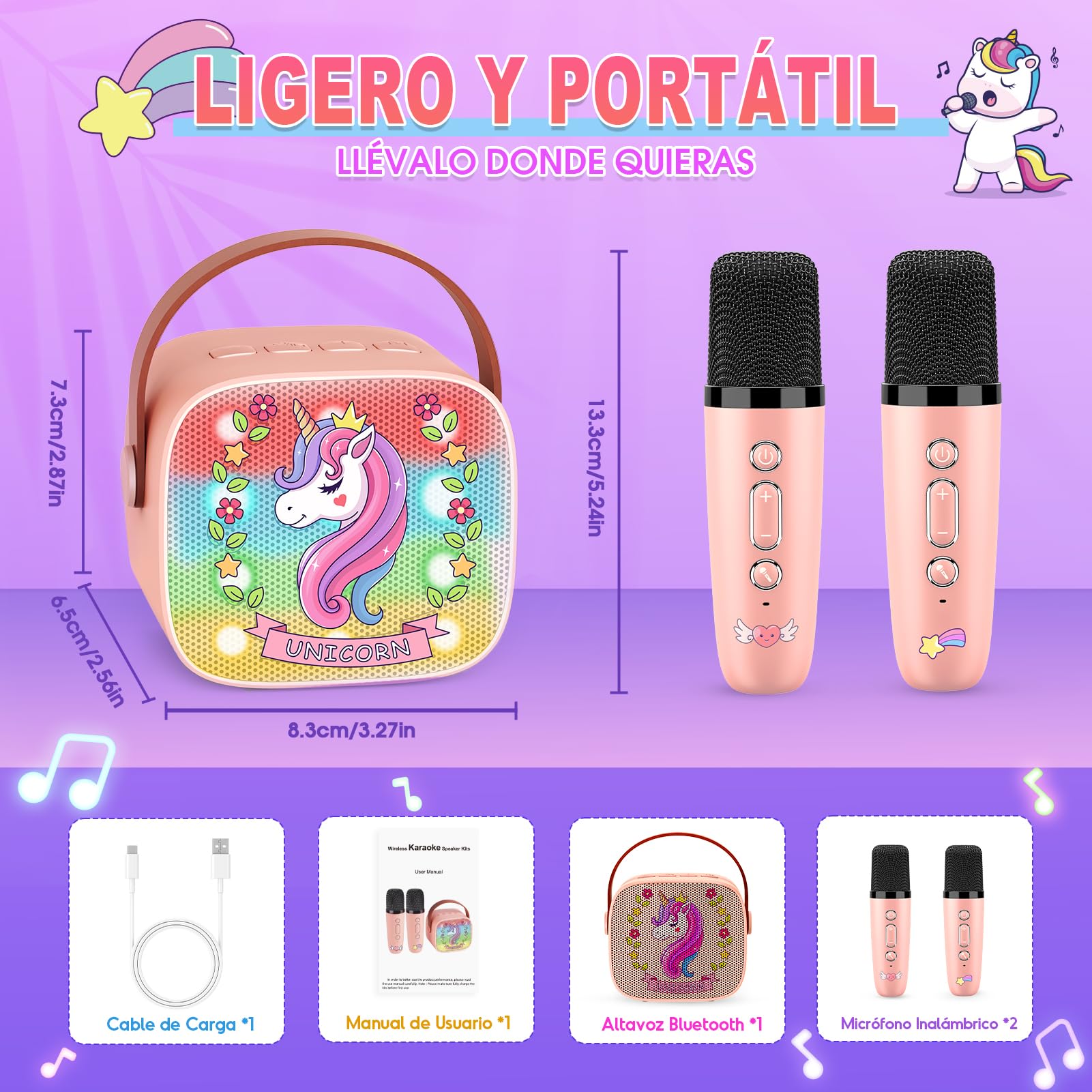Dislocati Karaoke Infantil 2 Microfonos Inalambricos Karaoke, Unicornios Regalo para Niñas 3-12 Años Micrófono Inalámbrico Bluetooth para Cantar Juguetes Niña 3-12 Años Microphone Regalo Navidad Niña