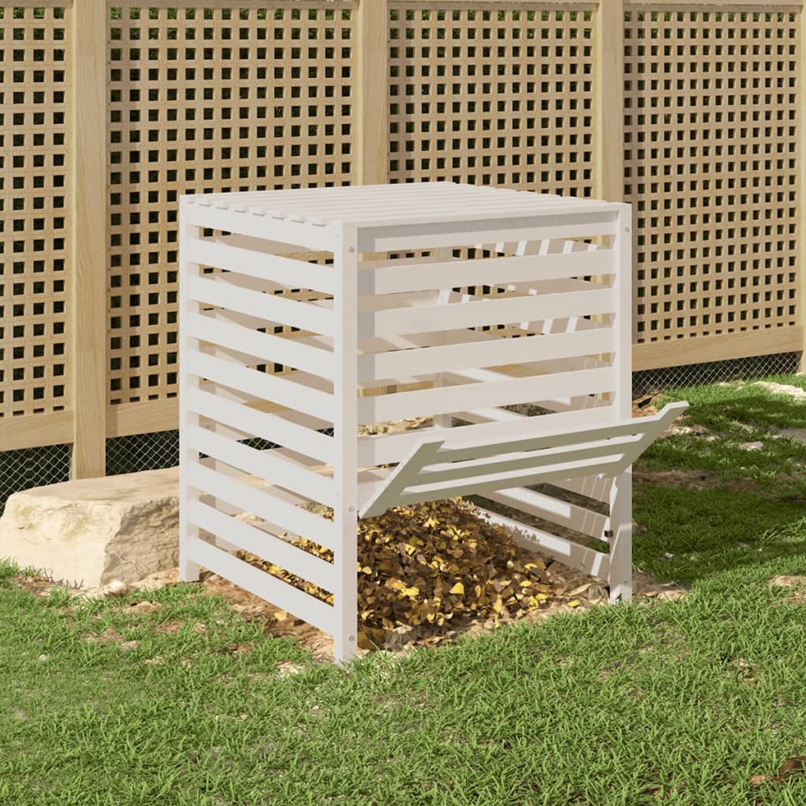 Compostiera da Giardino, Compostiera Domestica,Compostiera Bianca 82,5x82,5x99,5 cm in Legno Massello di Pino