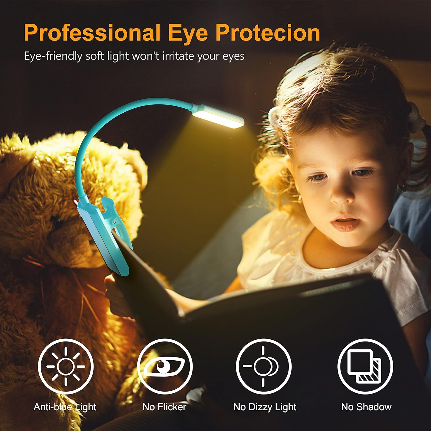 Image showing a child reading with the Gritin Reading Light, highlighting features like anti-blue light, no flicker, no dizzy light, and no shadow for eye protection.