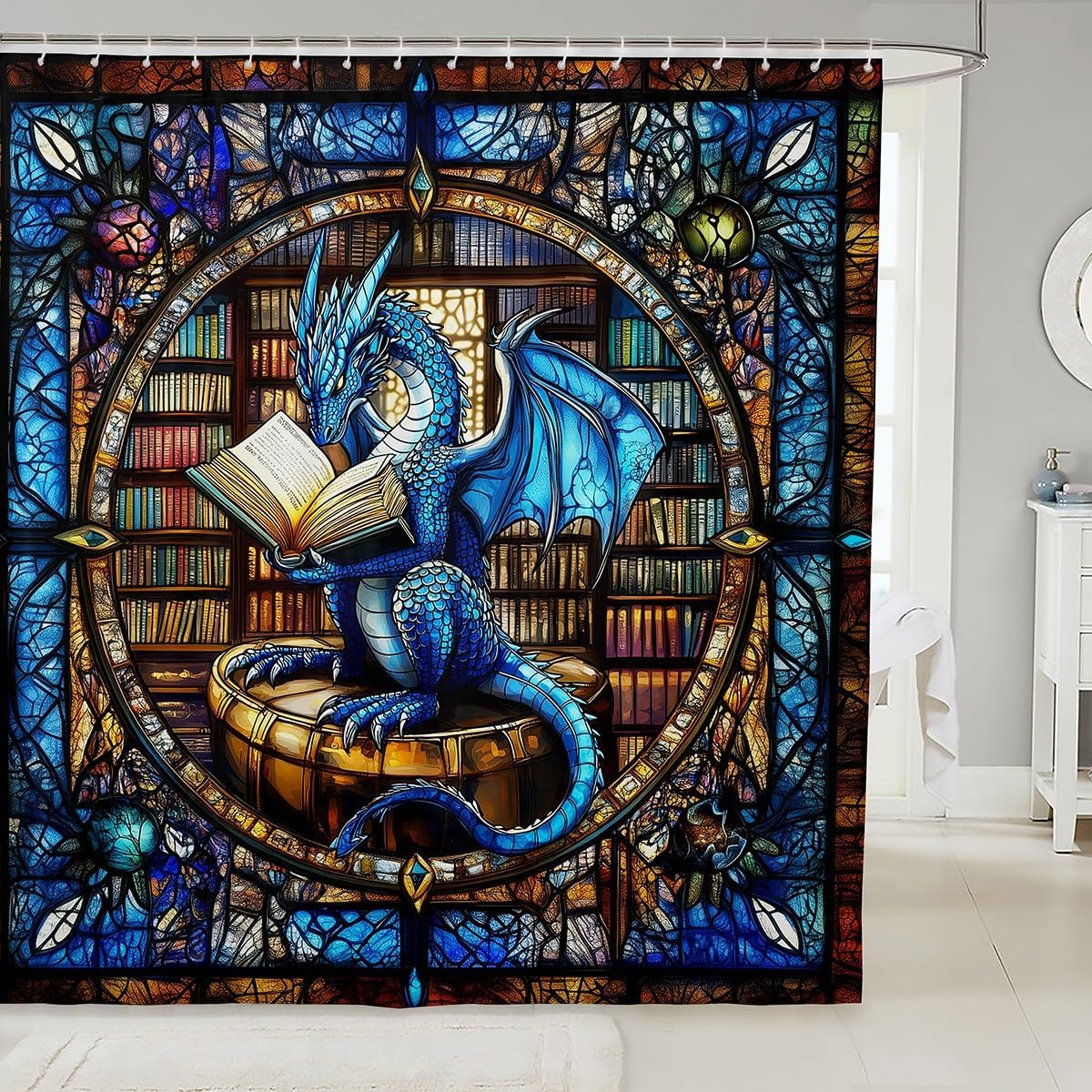 Western Dragon Kids Shower Curtains,Blue Dragon Reading Book Bookshelf Bathroom Curtains for Boys Girls,Geometric Patchwork Abstract Trippy Chic Waterproof Curtains,12 Hooks Suits,72"W x 78"L