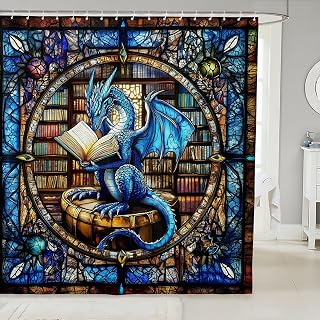 Western Dragon Kids Shower Curtains,Blue Dragon Reading Book Bookshelf Bathroom Curtains for Boys Girls,Geometric Patchwork Abstract Trippy Chic Waterproof Curtains,12 Hooks Suits,72"W x 72"L