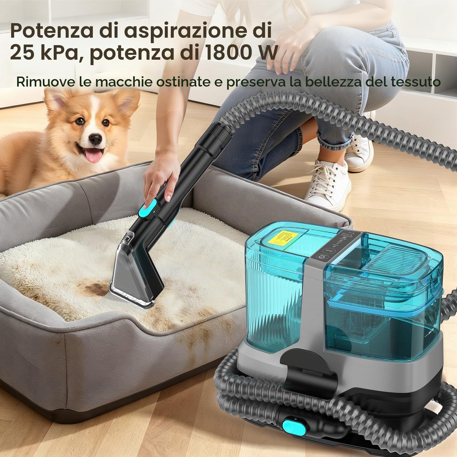 C688 Aspirapolvere lavante 4 in 1, 25000 Pa, 1800 W. Riscaldamento, disinfezione, display LED e avvisi vocali. Ideale per divani, tappeti, sedili auto, materassi, cuscini animali