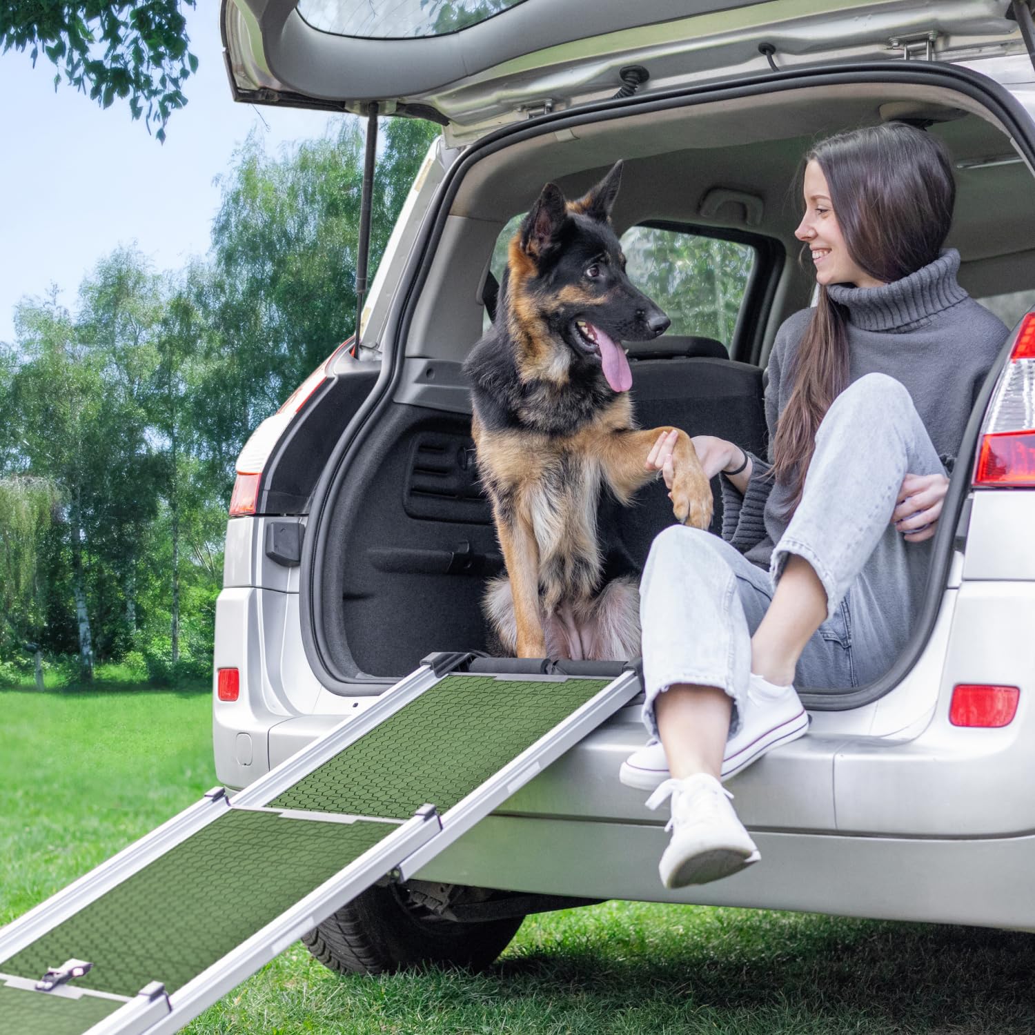 Hunderampe Auto Klappbar - Stabile und rutschfeste Hundeleiter Auto & SUV bis zu 90kg Belastbar - Teleskop Alu Rampe für große Hunde - Reflektierende Seiten - Hundetreppe - Befestigungsclip - Grün