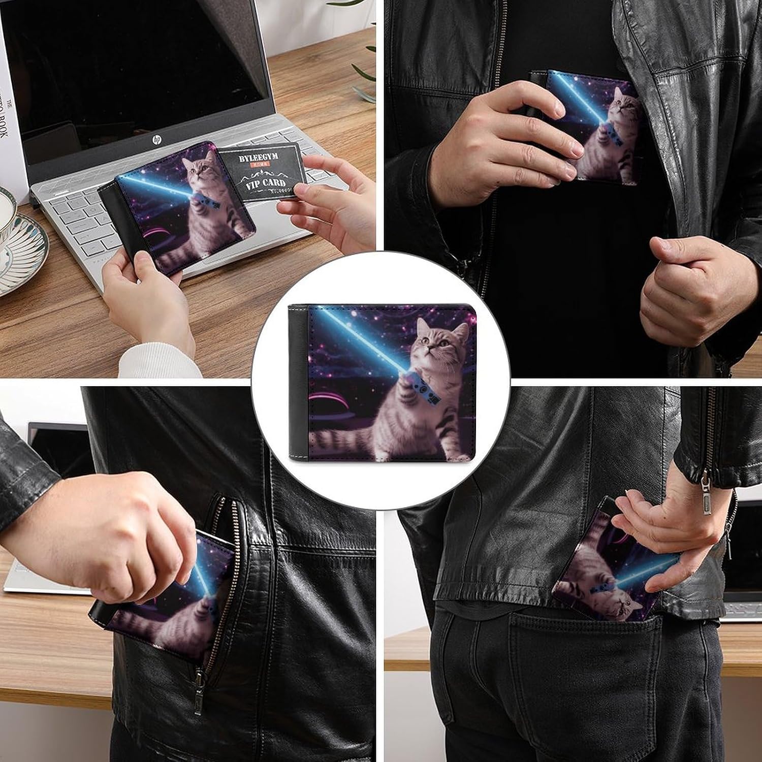Space Laser Cat Novelty Cute Funny Wallet Slim with Multiple Card Slots Wallet Large Capacity Bifold Wallets Stylish Men Purse