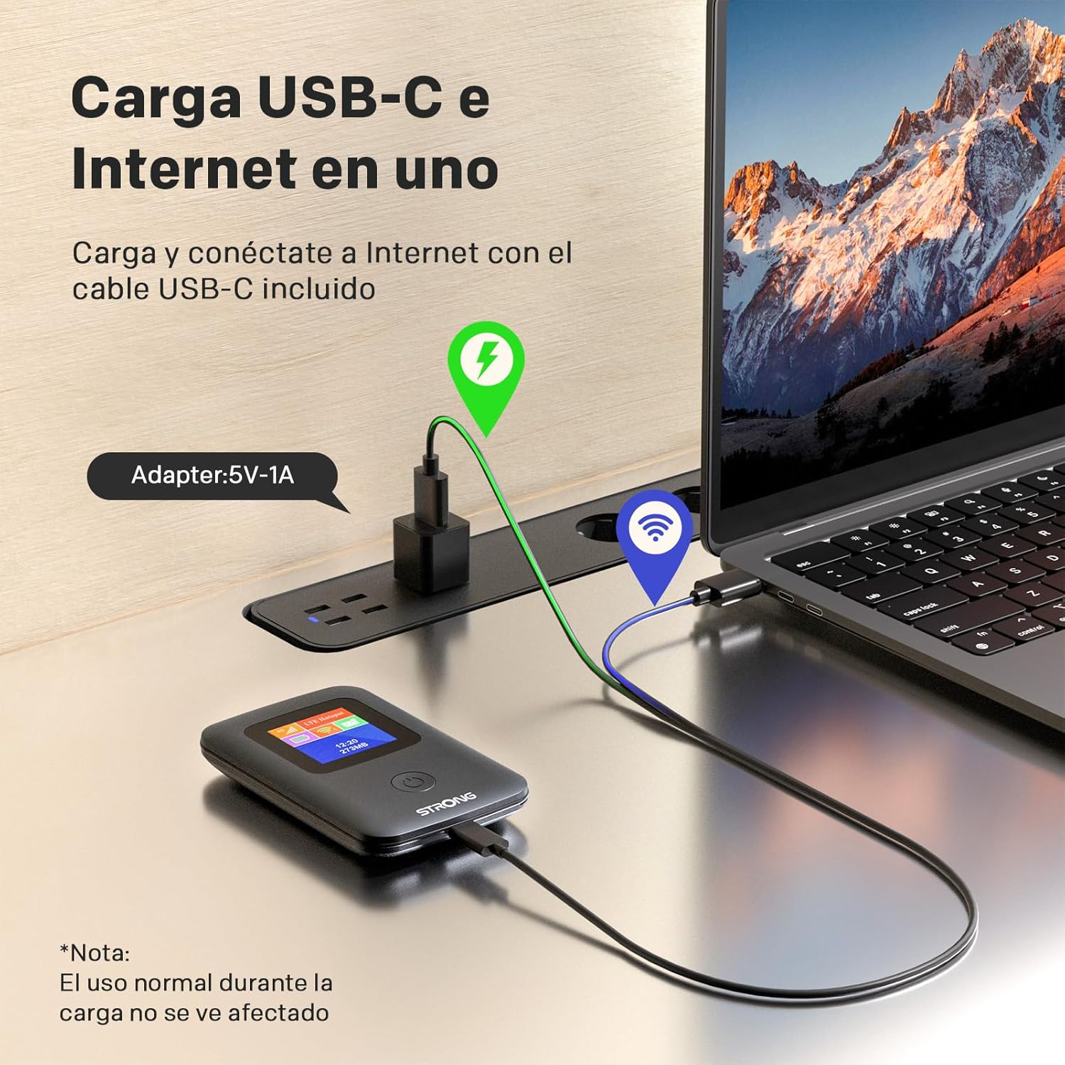 Strong 4G AIRSPOT 220 Router WiFi Portátil con SIM, Pantalla a Color, 4G LTE CAT4 150 Mbps, Hotspot WiFi Portátil para Viajes, Conecta Hasta 10 Dispositivos, Batería 2100mAh, USB-C, Función Power Bank 5