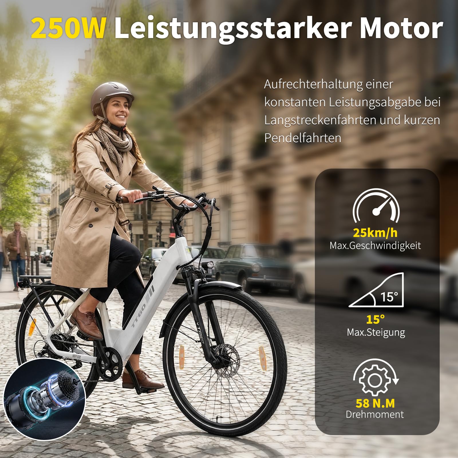 ttgo 28 Zoll E-Bike für Damen Herren, Trekking Ebike 36V 20Ah Akku Drehmomentsensor, 250W Motor 25 km/h 7-Gang, 80–120 km Reichweite, Hydraulische Scheibenbremsen, LCD Display, C3 PRO