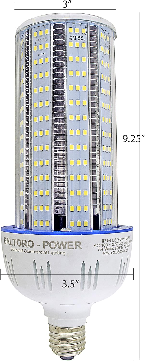 Baltoro 54 Watt LED Corn Bulb, Indoor/Outdoor Large Area - E26 6750 Lm, 300W Equivalent - Replace 100w ~ 200w MH, HID CFL HPS Warehouse HighBay Barn Porch Backyard Hospitals Parking Garages
