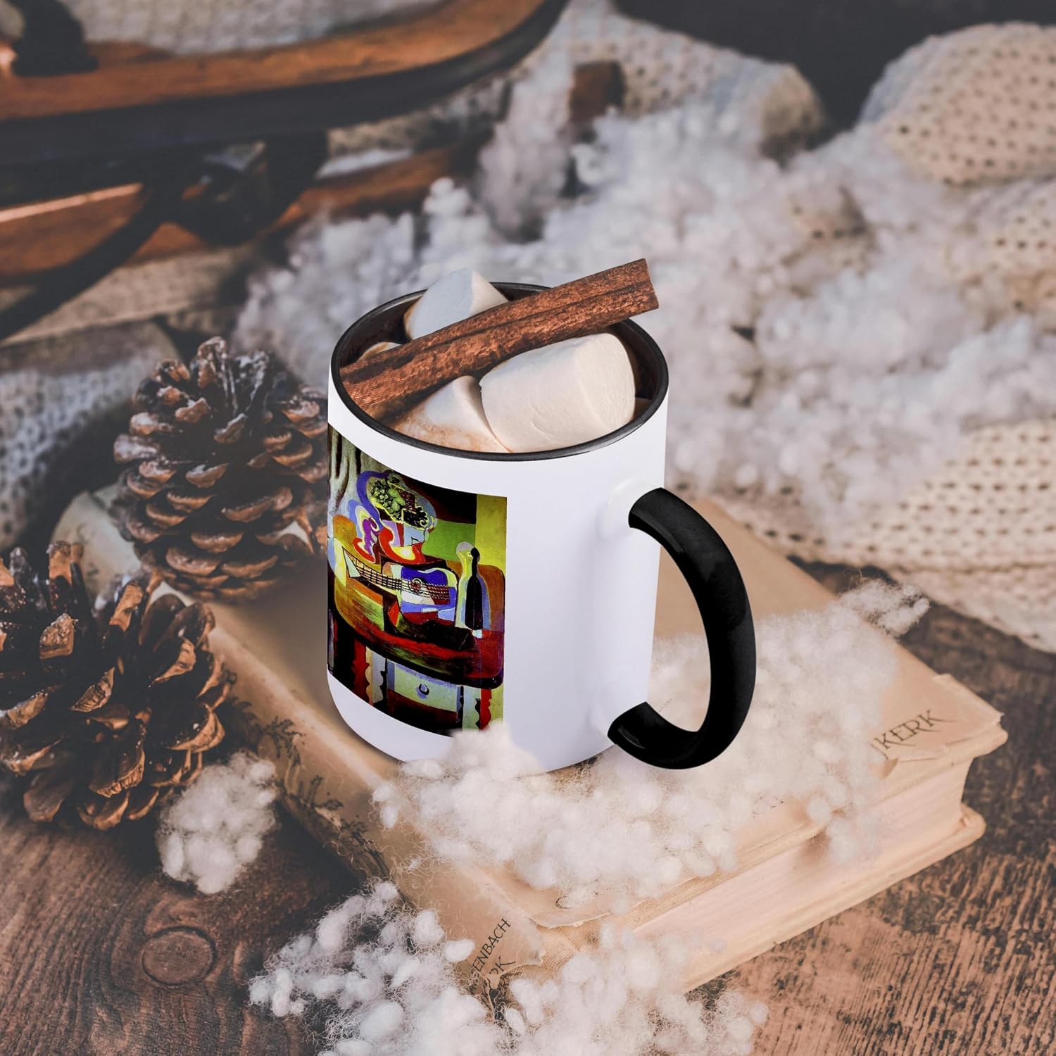 3dRose mug_52390_4 "Picasso Guitar n Wine 1909 Painting" Two Tone Black Mug, 11 oz, Multicolor
