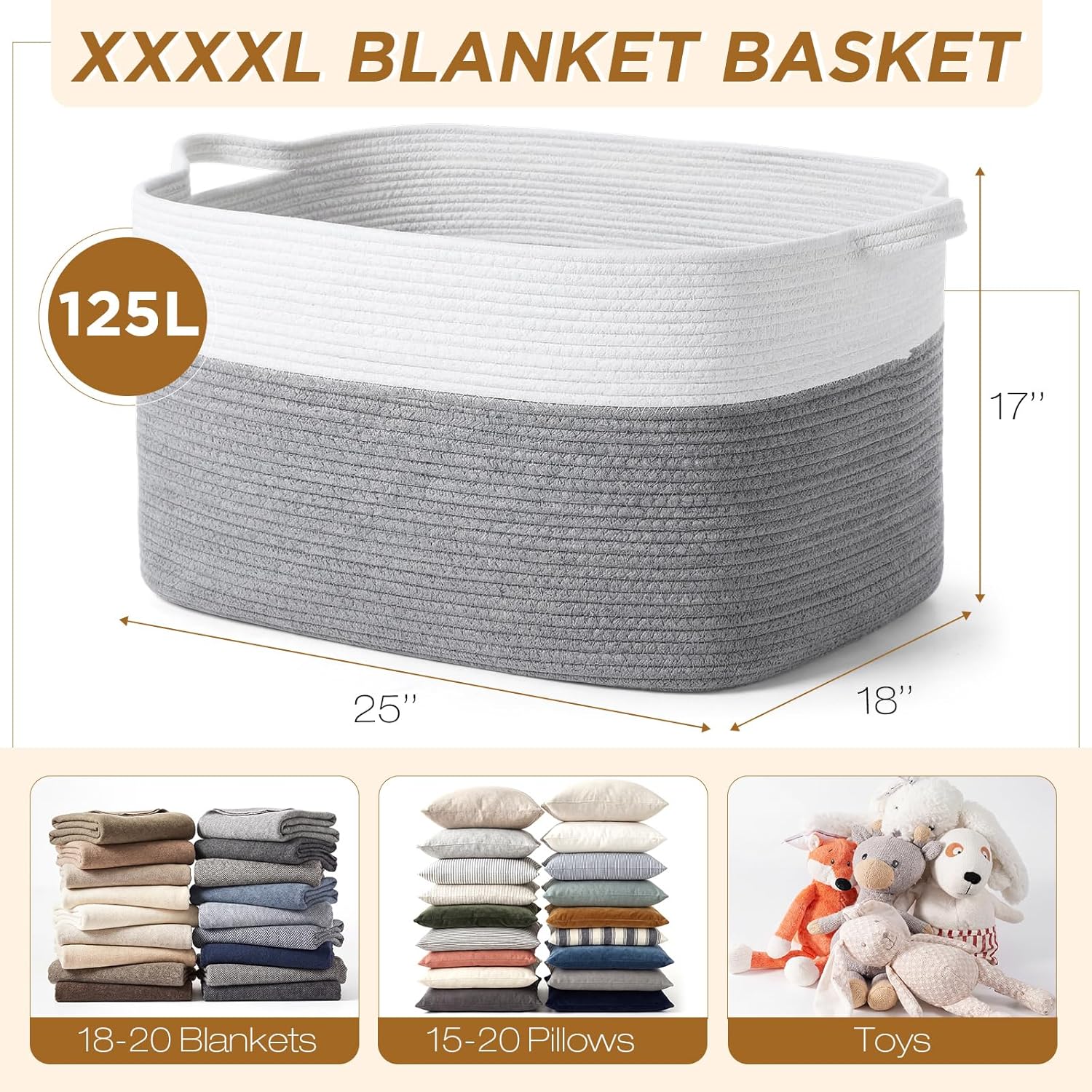 XXXXL 125 L Extra Large Blanket Basket - 25" x 18" x 17" Jumbo Cotton Rope Storage Basket with Handles for Living Room Woven Toy Bin Laundry Hamper Organizer, Two-Tone(White & Grey)