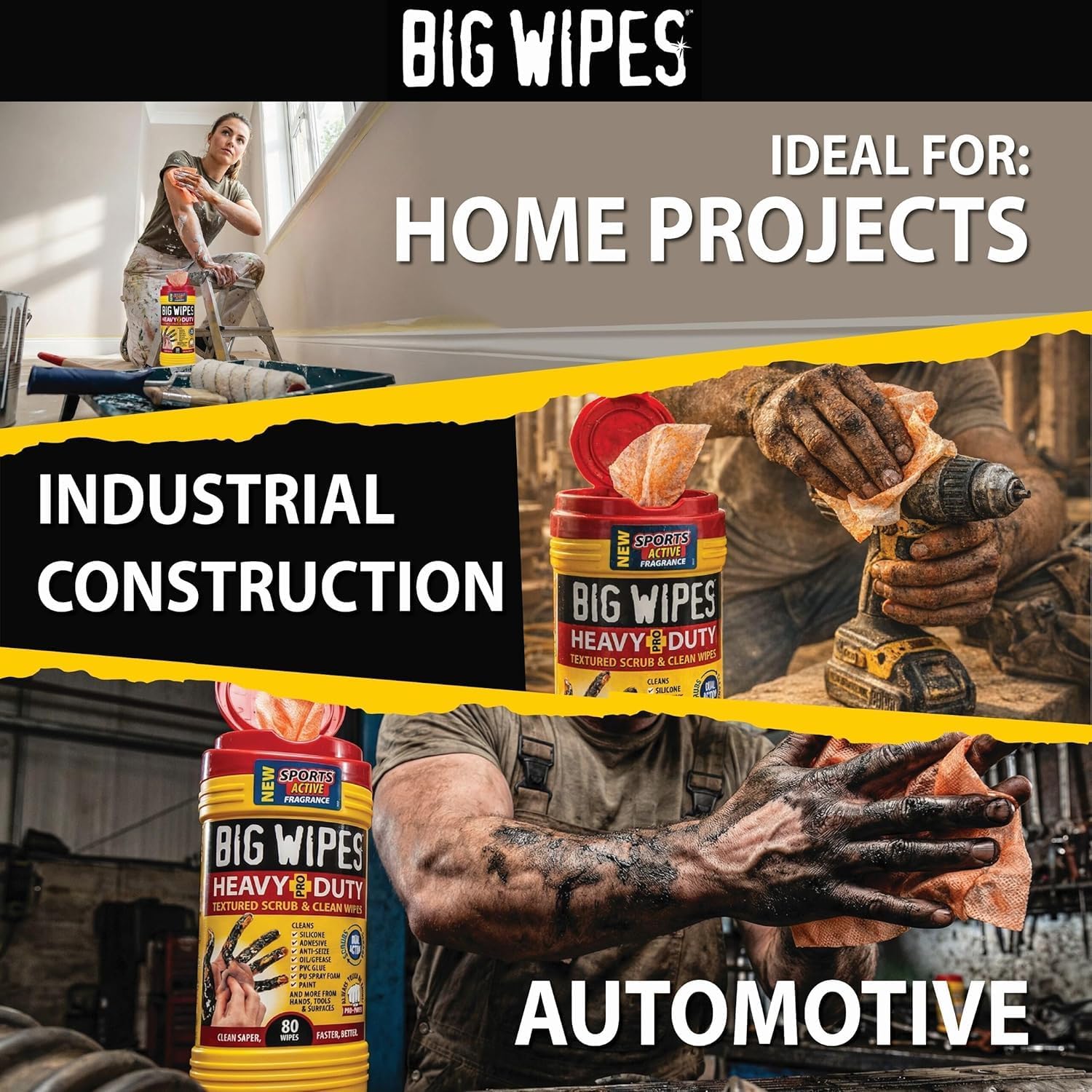 BIG WIPES Heavy Duty Industrial Hand Cleaning Wipes, Textured Scrubbing Degreaser Wipes for Mechanics and Tool Cleaner – 80 Count Canister (2 Pack)