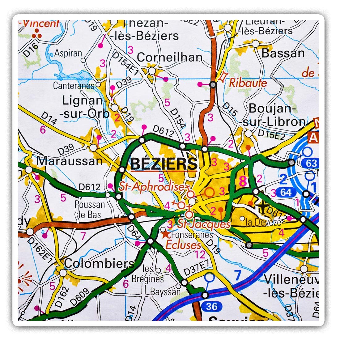 Destination Vinyl Ltd Multi 2 X Square 7.5Cm Vinyl Stickers - Beziers Town France French Travel Map 44276