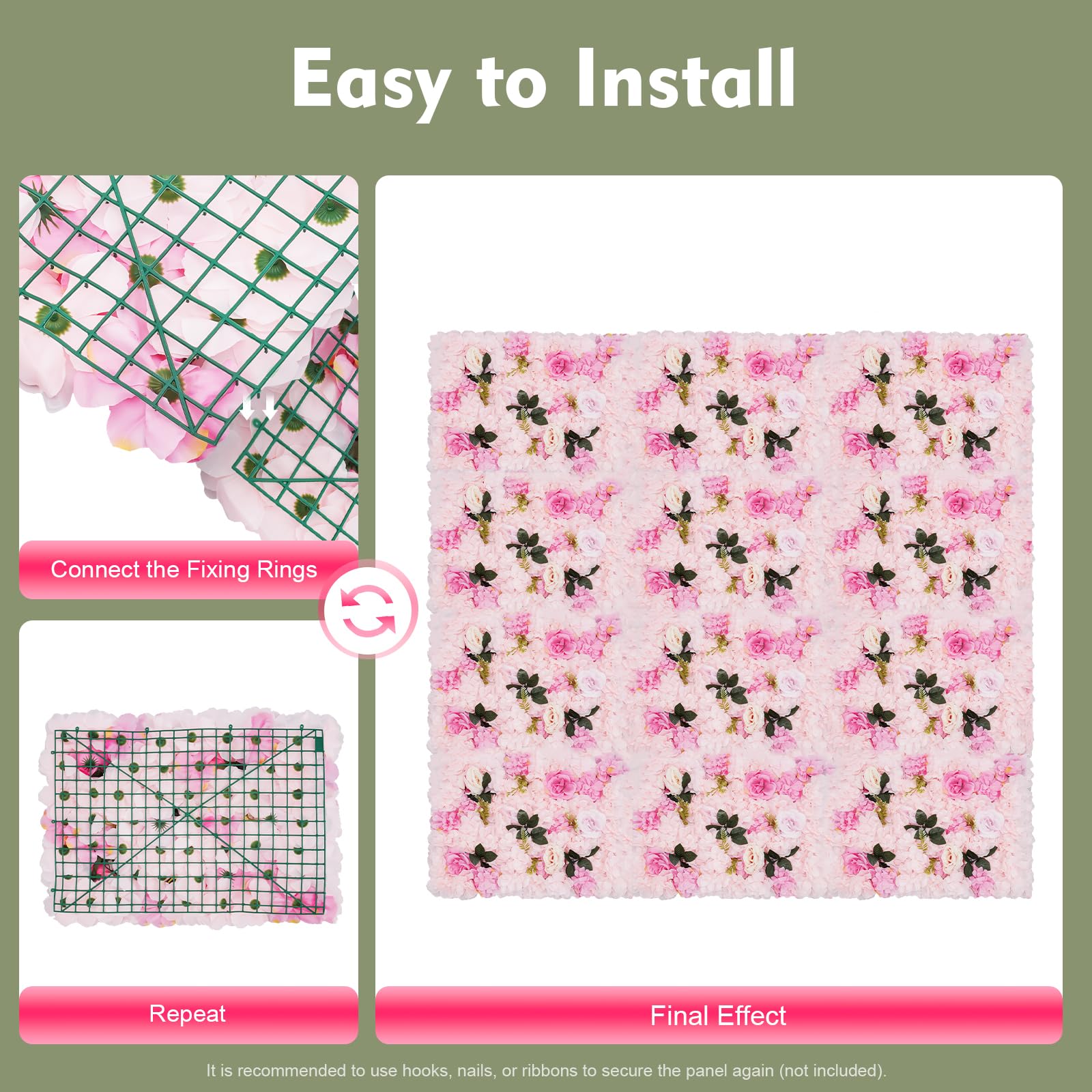 Set di 12 pannelli di fiori artificiali, 40 x 60 cm, motivo: Dahlia rosa e piante acquatiche, realistici e belli artificiali, pannelli da parete per interni/esterni e muri, falsi fiori