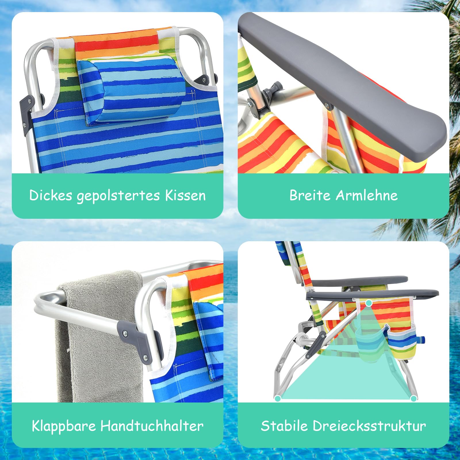COSTWAY Strandstühle und Tisch Set, klappbare Campingstühle mit Verstellbarer Rückenlehne, Kopfstütze, Seitentaschen, Eisbeutel, Armlehnen & Schultergurten, Klappstühle leicht, Mehrfarbig