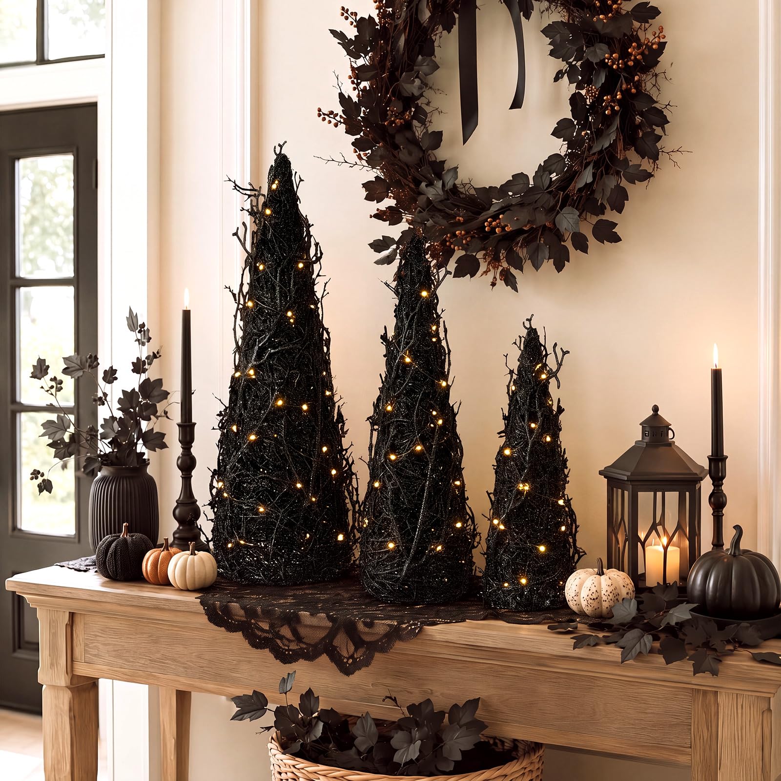 Thyle 3 decorazioni per albero di Halloween, albero di Halloween, nero, con luci a LED, decorazione per interni ed esterni