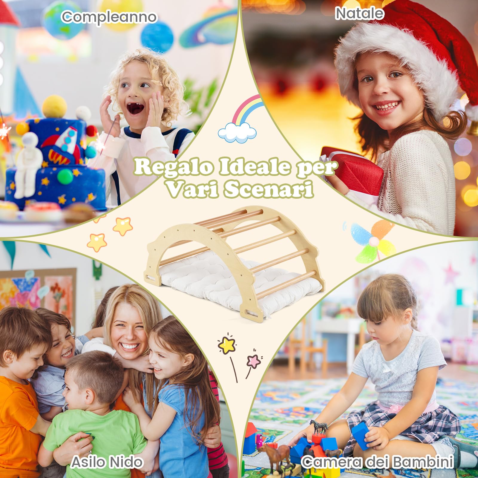 COSTWAY Arco da Arrampicata per Bambini, 2 in 1 Altalena ad Arco in Legno con Cuscino Morbido, Doppia Faccia, Ideale per Bambini 1+ Anni (Naturale)