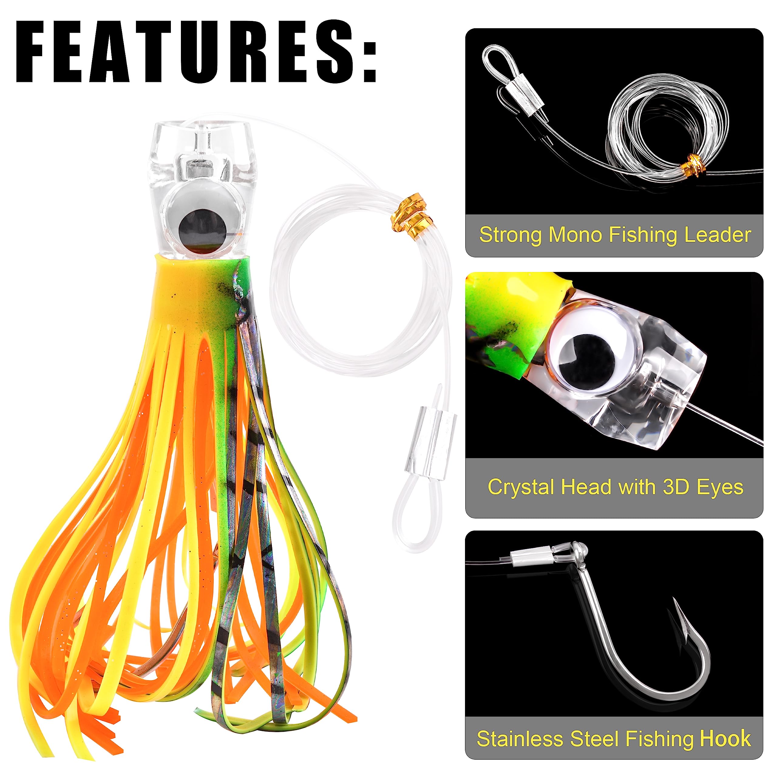 Leurres de pêche à la traîne en eau salée, 22,4 cm, leurres de pêche à la traîne en mer profonde pour Marlin, Thon, Mahi Wahoo (1 pièce, jaune orang)