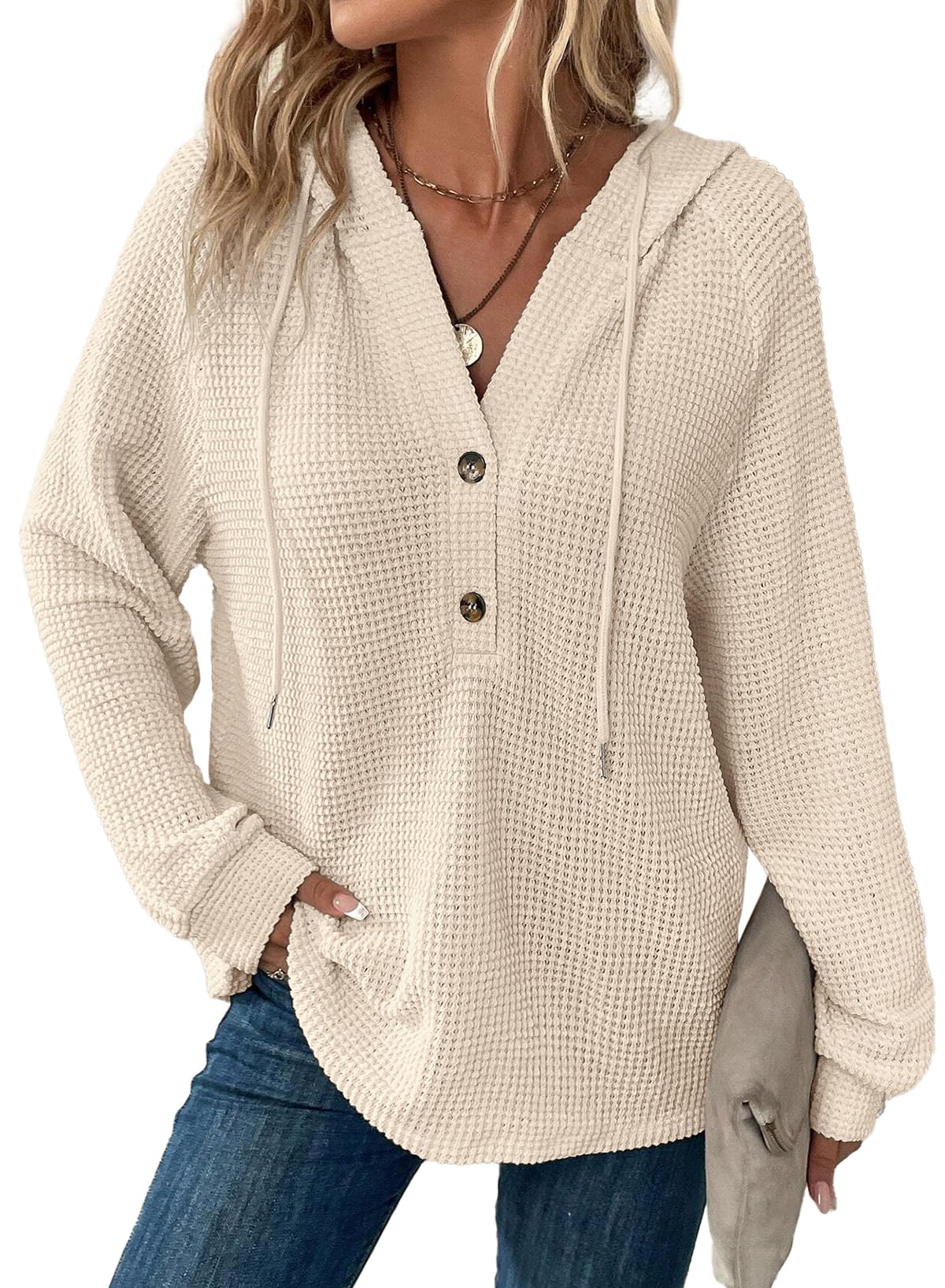 Dokotoo Dames capuchonpullover knoopsluiting V-hals hoodie pullover lange mouwen casual sweatshirt bovendeel tops S-XXL, A wit., S
