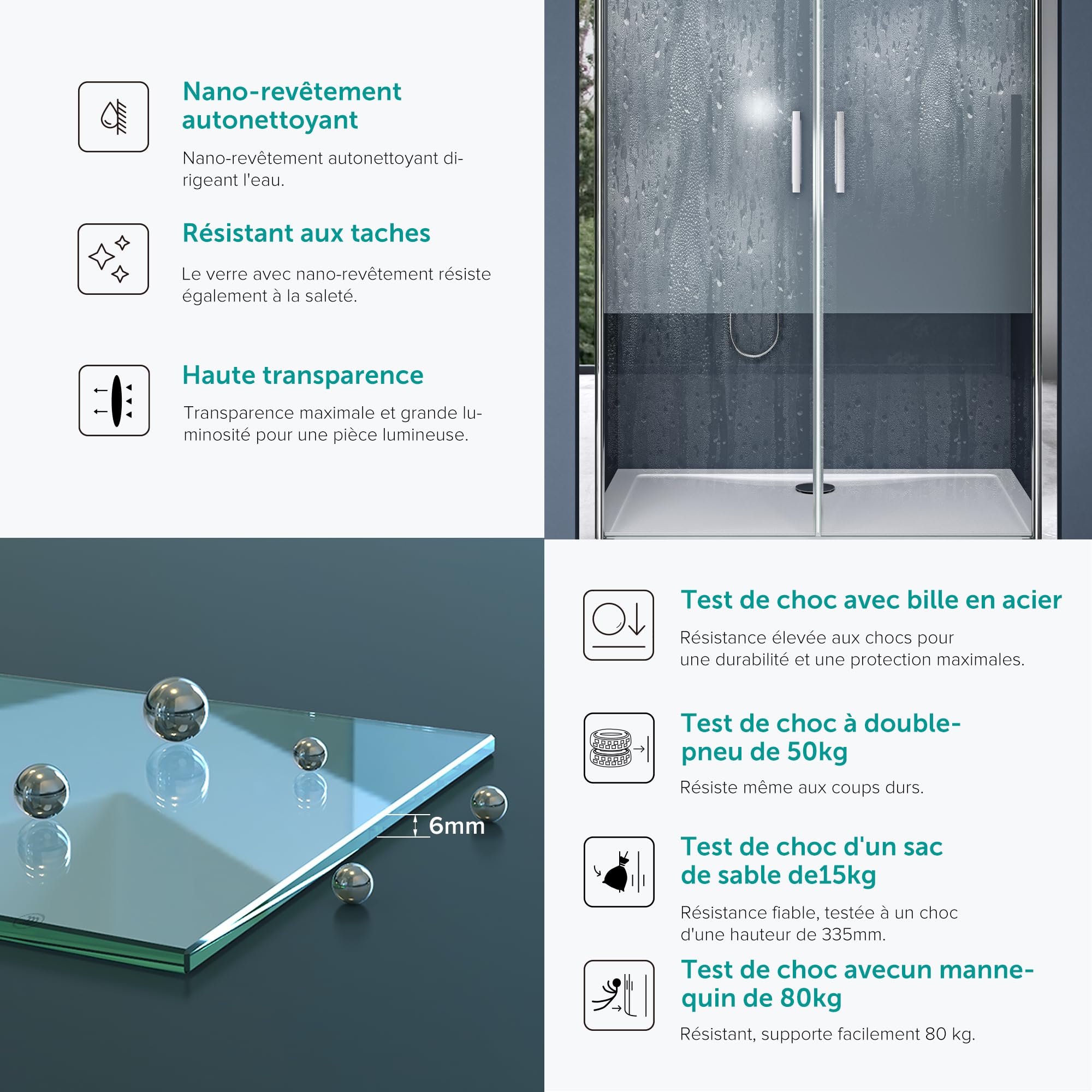 doporro Double Porte de Douche Pivotante pour Niche 140cm Verre Trempé 8mm | Paroi de Douche, Pare-Douche Verre de Sécurité, 140x195cm, Teramo24MS