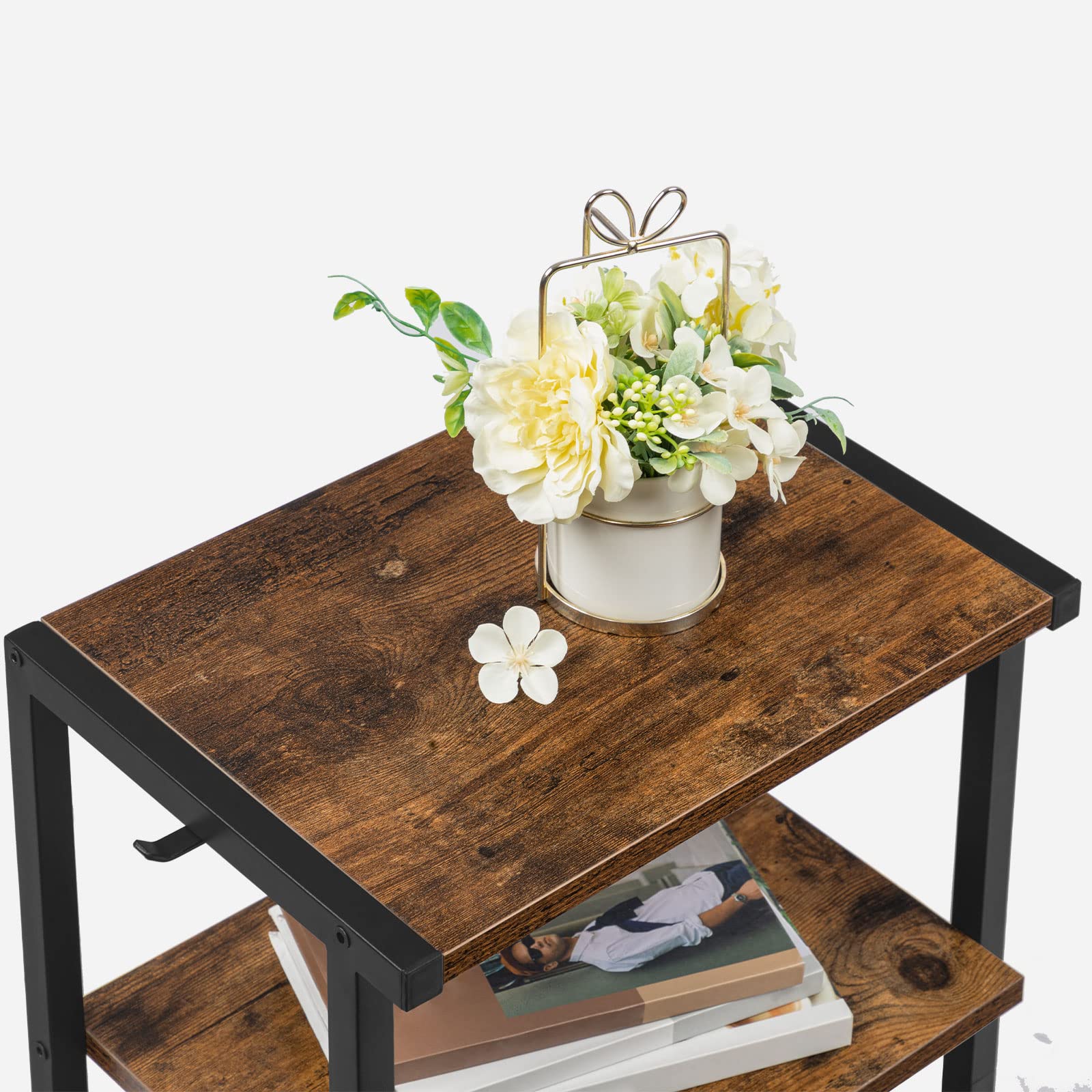 HOOBRO Support d'Imprimante, Étagère de Rangement à 3 Niveaux avec roulettes, avec 3 Planches, 2 Crochets, 42 x 28 x 64 cm, Style Industriel, pour Bureau, Chambre, Cuisine, Marron Rustique EBF28PS01