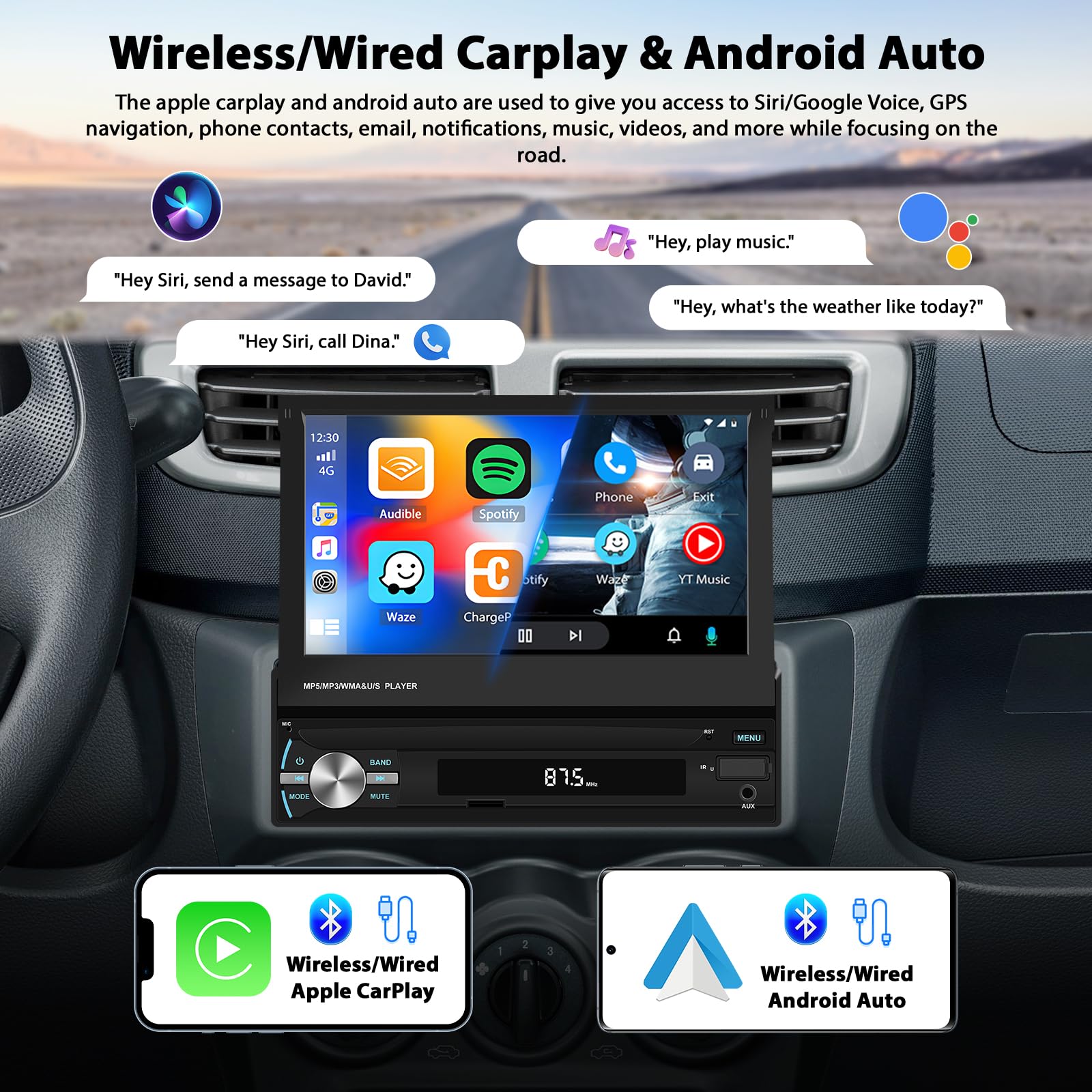 Radio samochodowe Inefala 1 Din z wysuwanym ekranem z bezprzewodowym Carplay Android Auto, 7-calowy samochodowy ekran dotykowy stereo obsługuje Bluetooth/Mirror Link/FM AM/USB/AUX/EQ z tylną kamerą