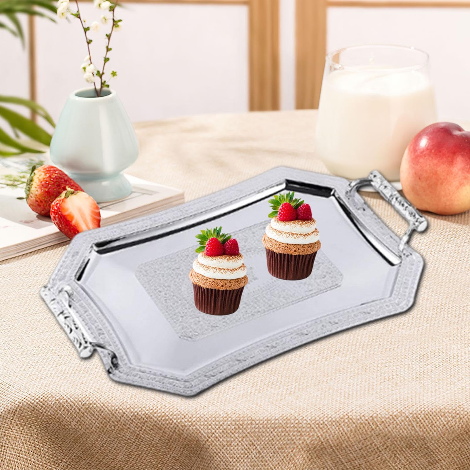 Bandeja de servicio multifuncional plateada elegante para cenas, bodas y eventos, bandeja de té perfecta para el hogar y entretenimiento