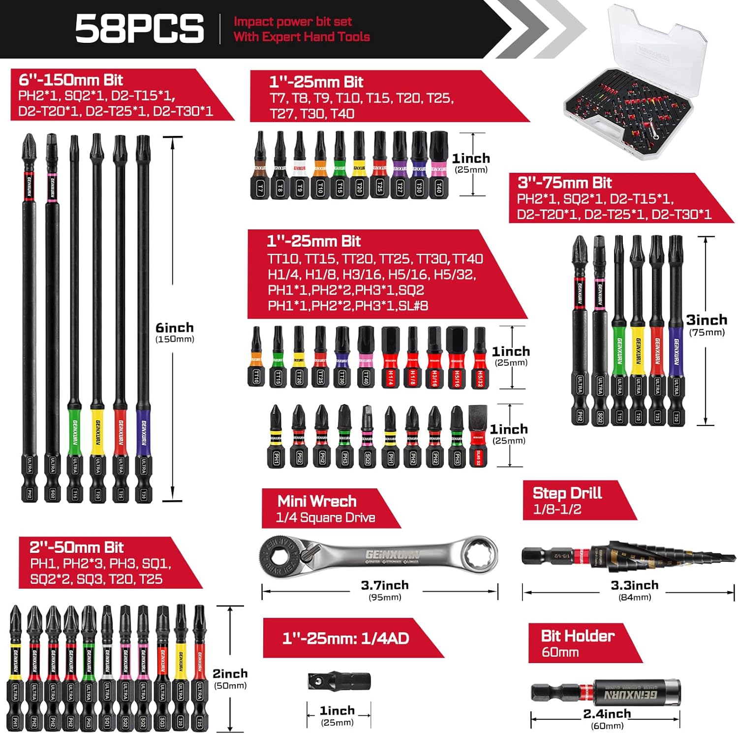58Pcs Screwdriver Set Include 54Pcs Impact Screwdriver Bits Set, Mini Wrench, Step Drill, 1/4”Socket Adapter and Impact Bit Extension with Tool Box for Home Repairs DIY - Image 2