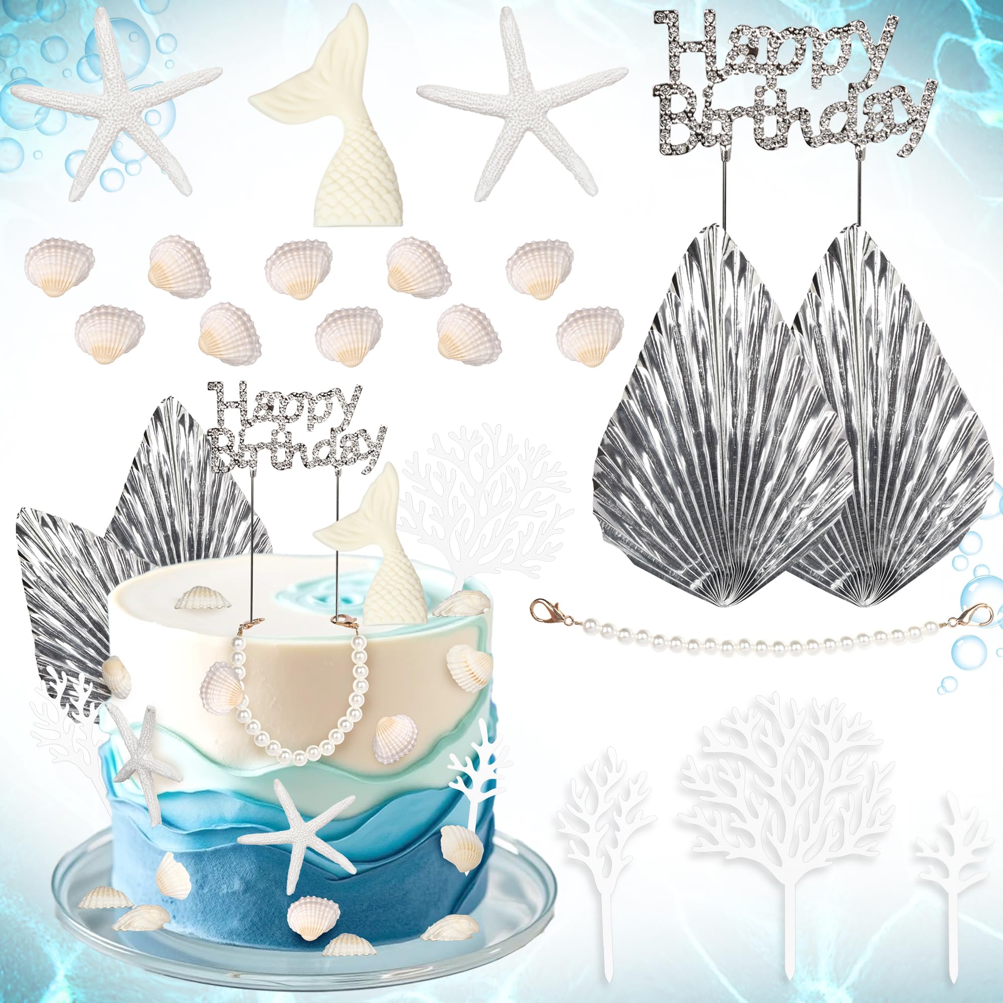SYKYCTCY 20 Pack Under The Sea Cake Decorations Seashells Coral Fishtail Starfish Tropical Luau Cake Toppers Ocean Birthday Cake Decorations Sea Ocean Party Favor Theme Birthday Party Supplies