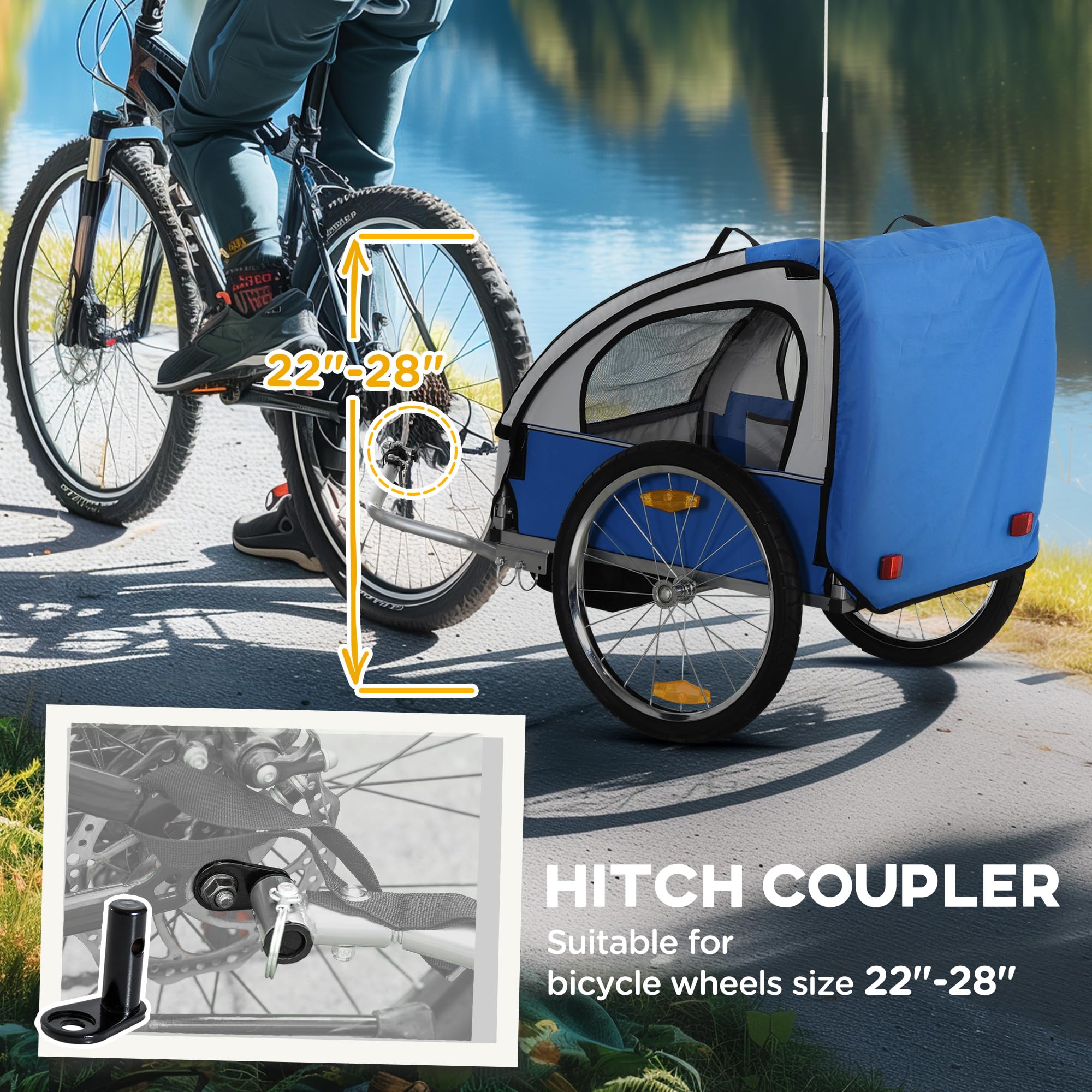 HOMCOM Remorque vélo pour enfants avec 2 sièges, 2 ceintures de sécurité, cadre en acier et housse en tissu Oxford Bleu