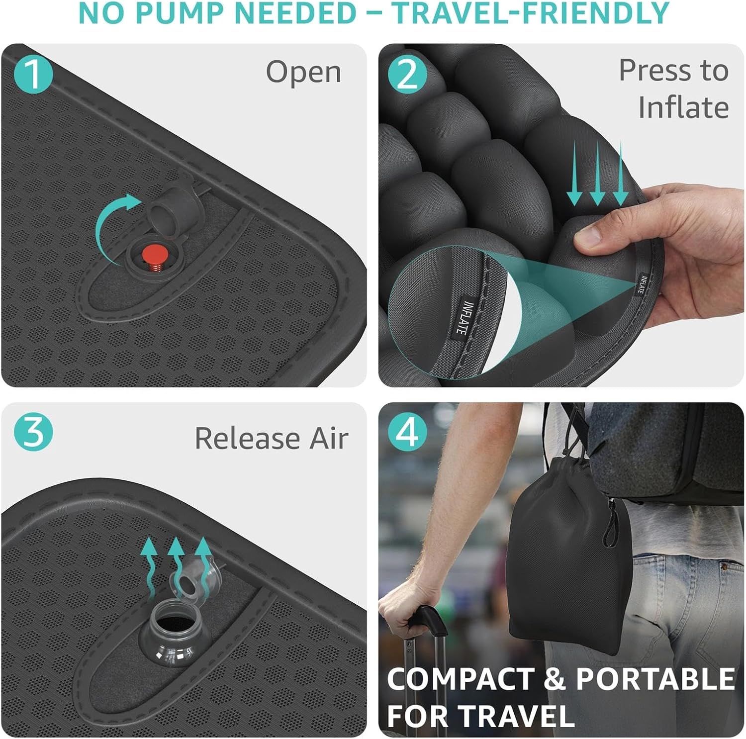inflatable travel seat cushion for airplane - portable air pad with built-in pump for long flights & car rides - ergonomic tailbone pain relief for office chair, wheelchair, stadium