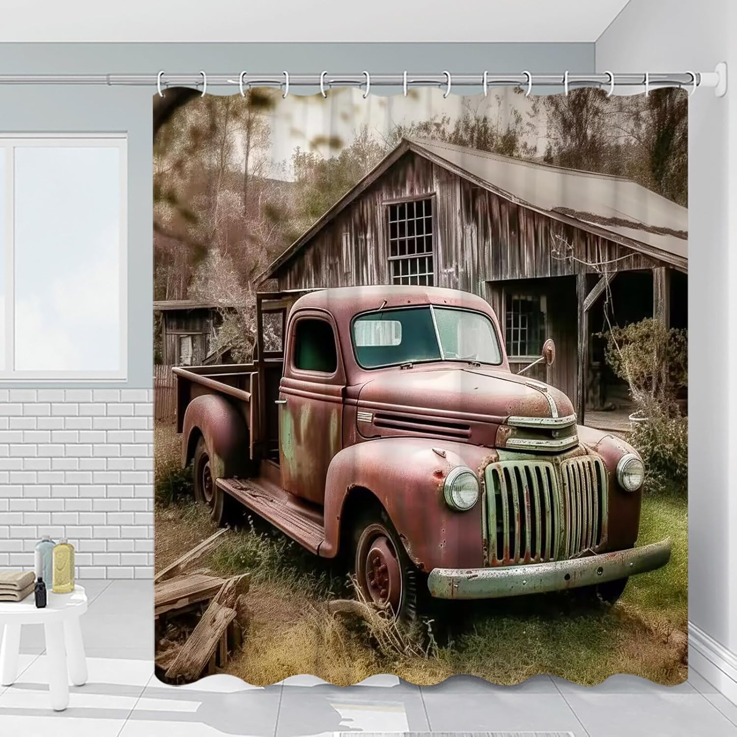 Vintage Truck Shower Curtain Cabin Rustic Farm Truck Shabby Patio Classic Western Farm Shabby Red Truck Bathroom Decor Polyester Waterproof with Hooks 108 x 70 in