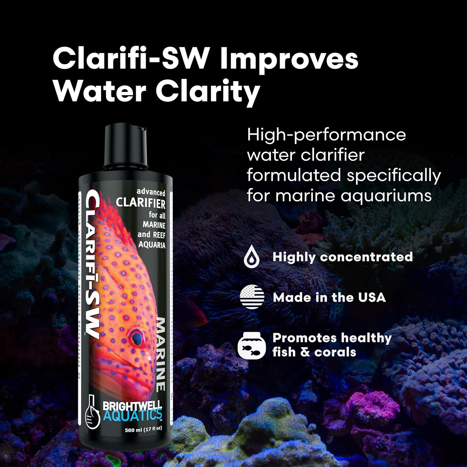 Brightwell Aquatics Clarifī-SW Marine Water Clarifier for Saltwater Aquariums Enhances Water Clarity by Removing Cloudiness with Protein Skimming and Mechanical Filtration Compatibility, 20L