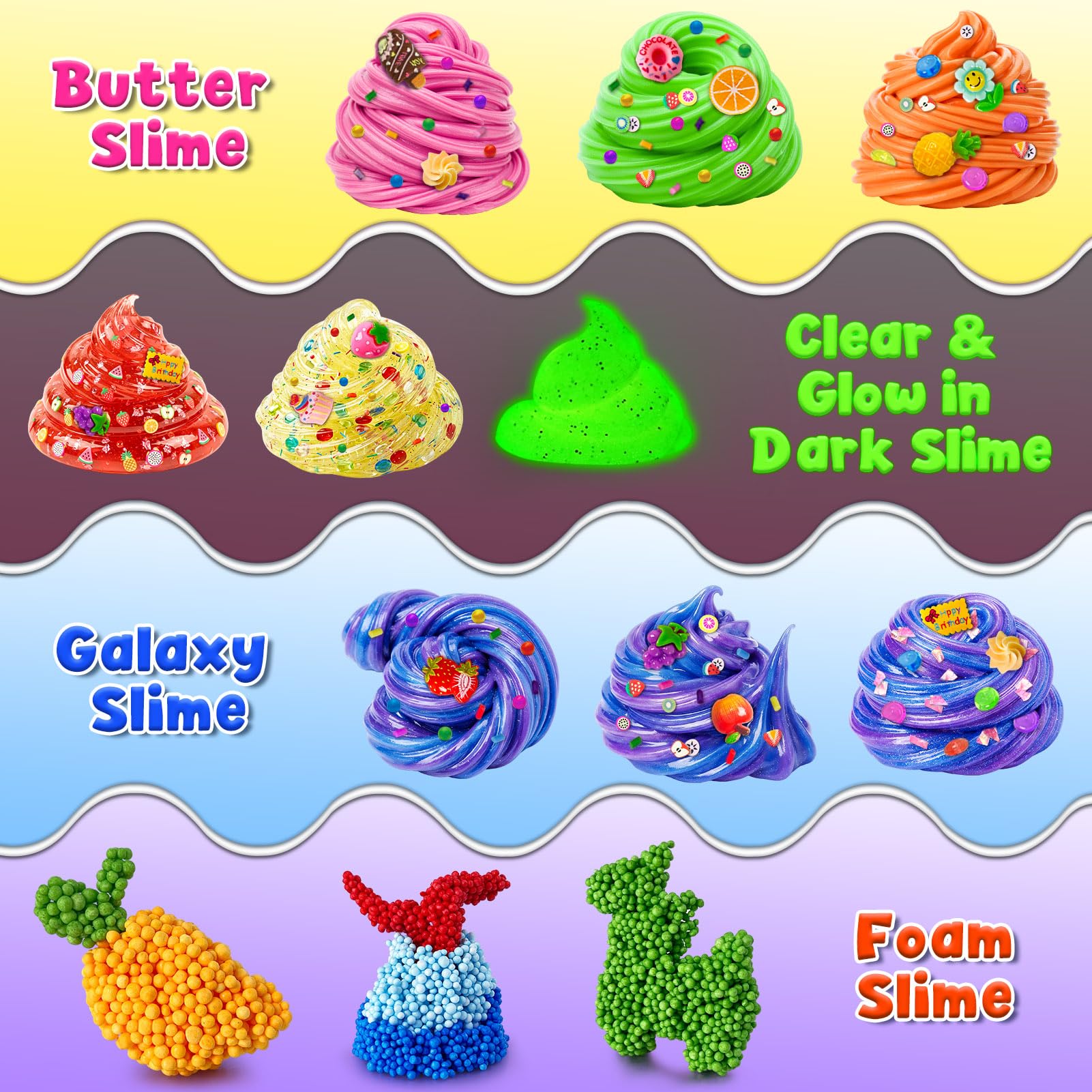 Kit de Slime 32 Pièces pour Filles et Garçons - Slime Prêt à l'emploi pour Enfants, Ensemble DIY pour Fêtes avec 4 Types de Slime Clear, Butter, Galaxy, Foam, Ajouts, Cadeaux pour Âges 3 à 12